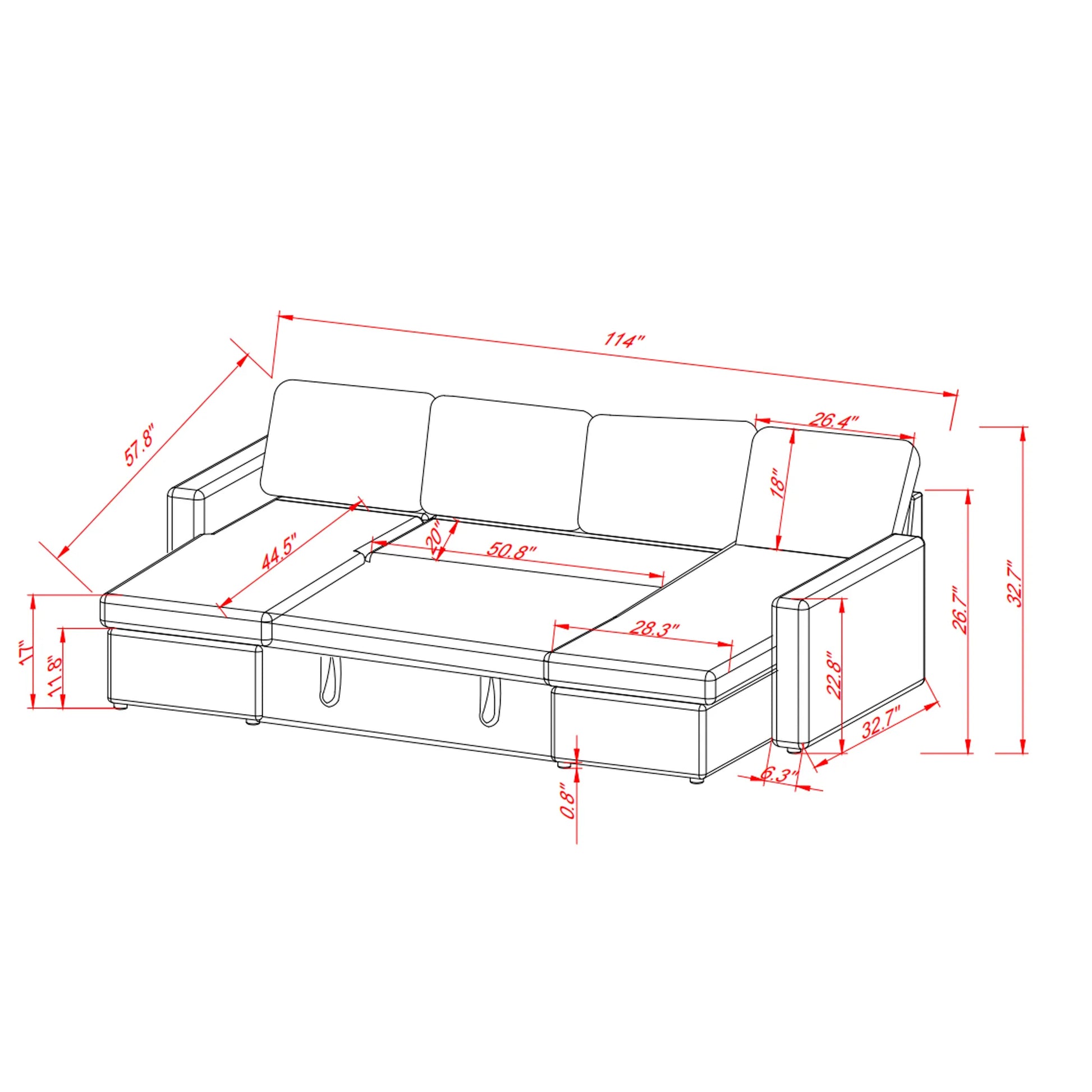 Louie Sofa Chaise Sleeper, Corduroy Couch with Double Chaise Storage - Beige
