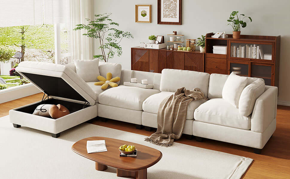 Modular Sofa with Removable Storage Ottoman, 5 Seat Sectional sofa with 2 Hidden Cup Holders
