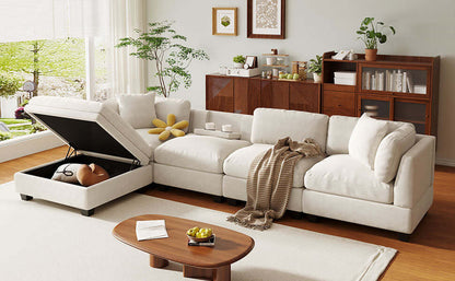 Modular Sofa with Removable Storage Ottoman, 5 Seat Sectional sofa with 2 Hidden Cup Holders