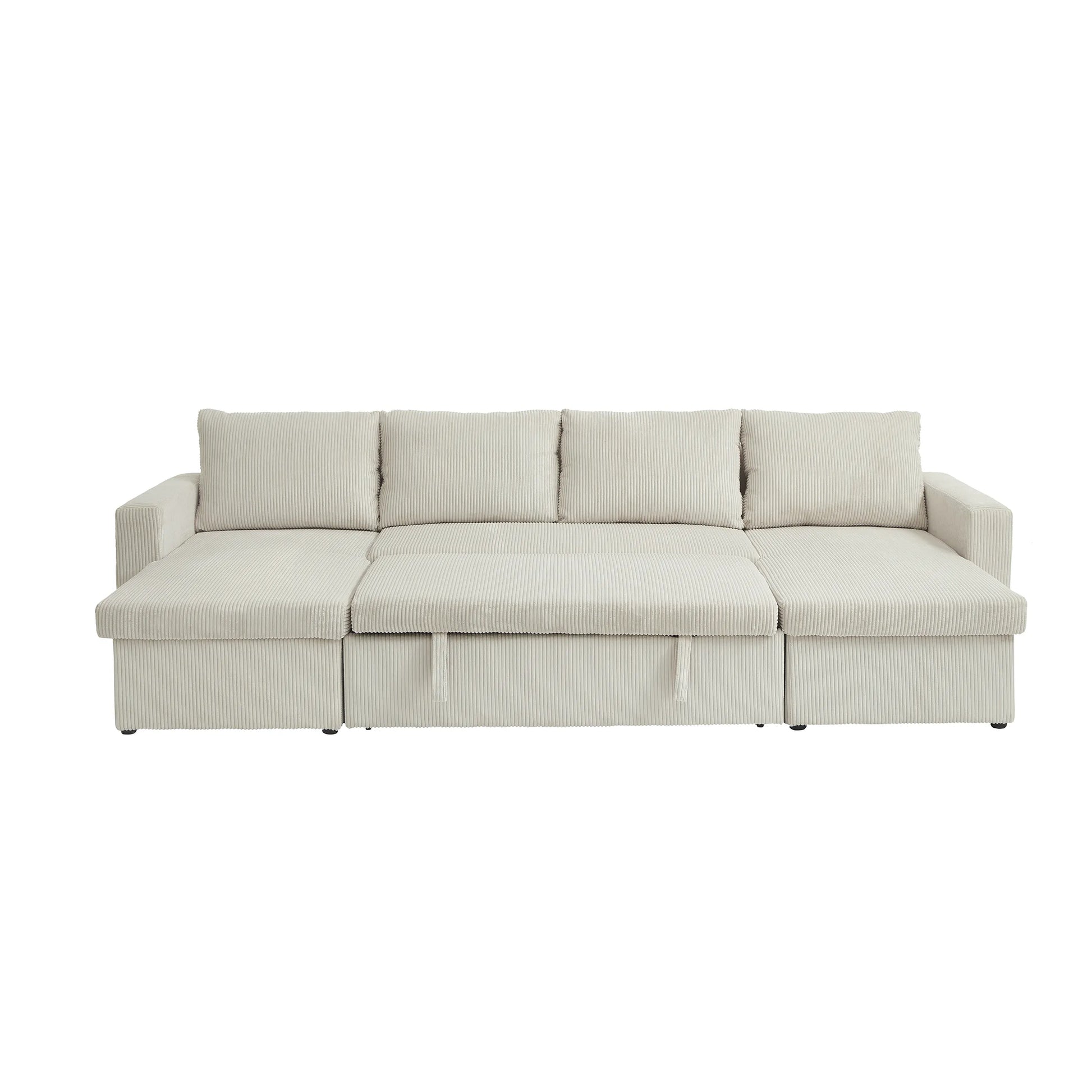 Louie Sofa Chaise Sleeper, Corduroy Couch with Double Chaise Storage - Beige