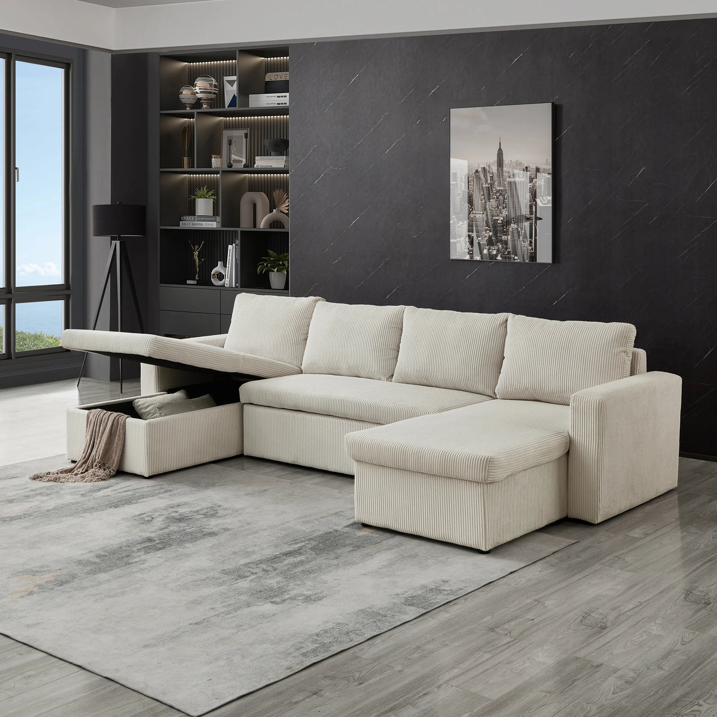 Louie Sofa Chaise Sleeper, Corduroy Couch with Double Chaise Storage - Beige