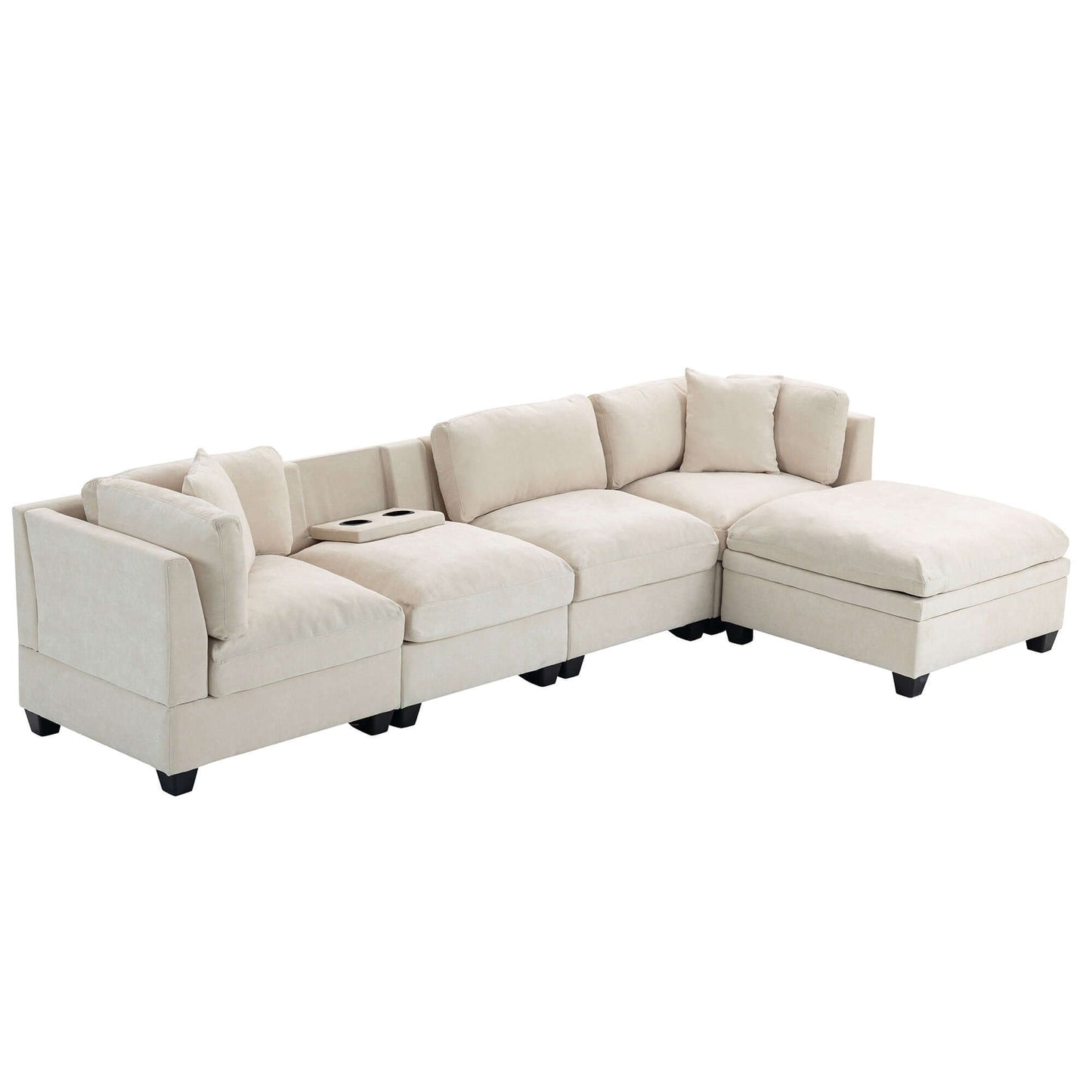 Modular Sofa with Removable Storage Ottoman, 5 Seat Sectional sofa with 2 Hidden Cup Holders