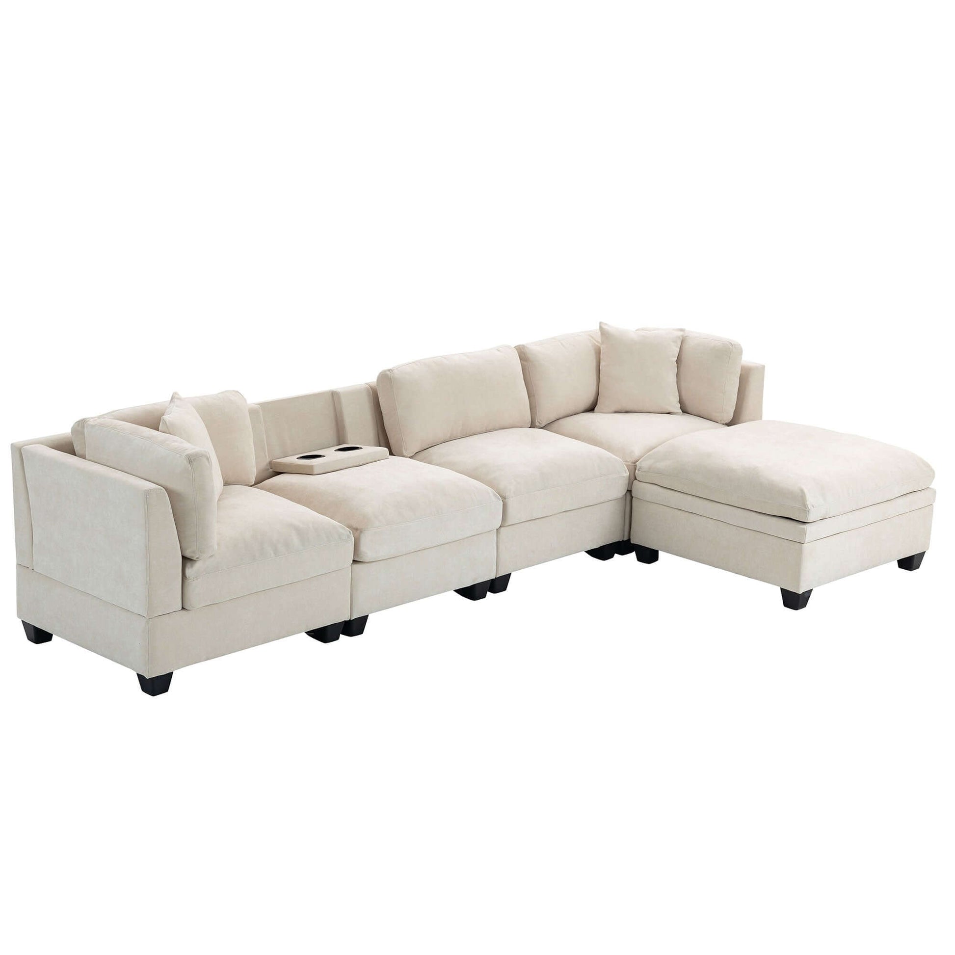 Modular Sofa with Removable Storage Ottoman, 5 Seat Sectional sofa with 2 Hidden Cup Holders