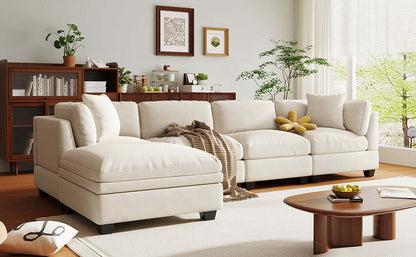 Modular Sofa with Removable Storage Ottoman, 5 Seat Sectional sofa with 2 Hidden Cup Holders