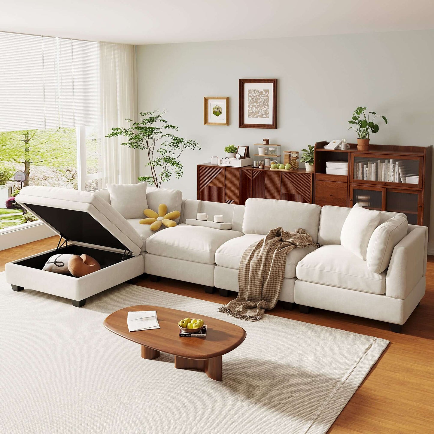 Modular Sofa with Removable Storage Ottoman, 5 Seat Sectional sofa with 2 Hidden Cup Holders