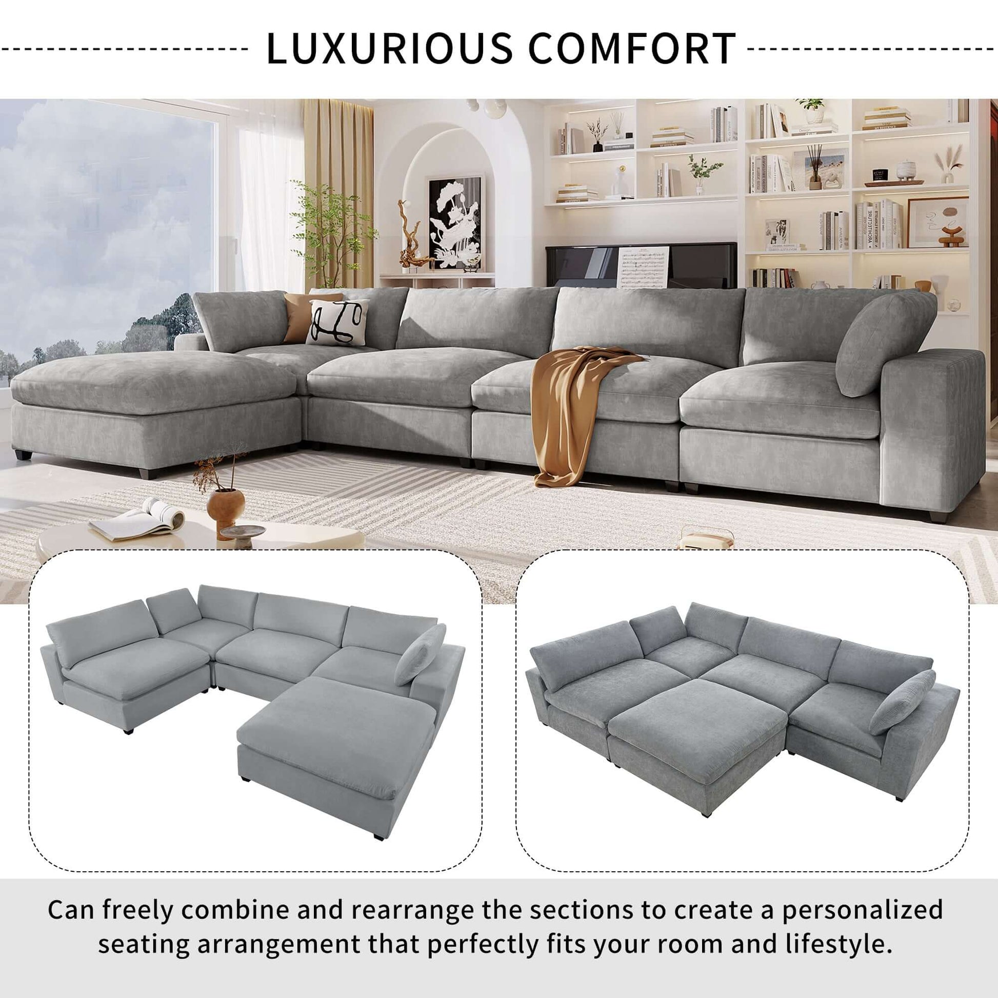 Cloud Couch Sectional, Large Modular Sofa with Ottoman, Gray