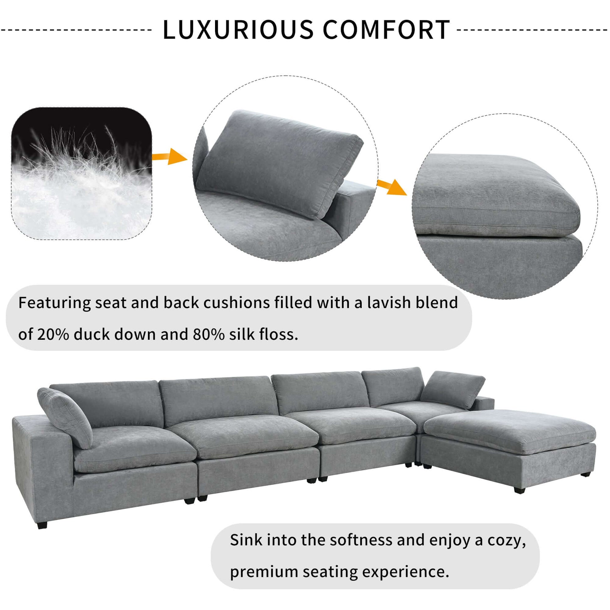 Cloud Couch Sectional, Large Modular Sofa with Ottoman, Gray