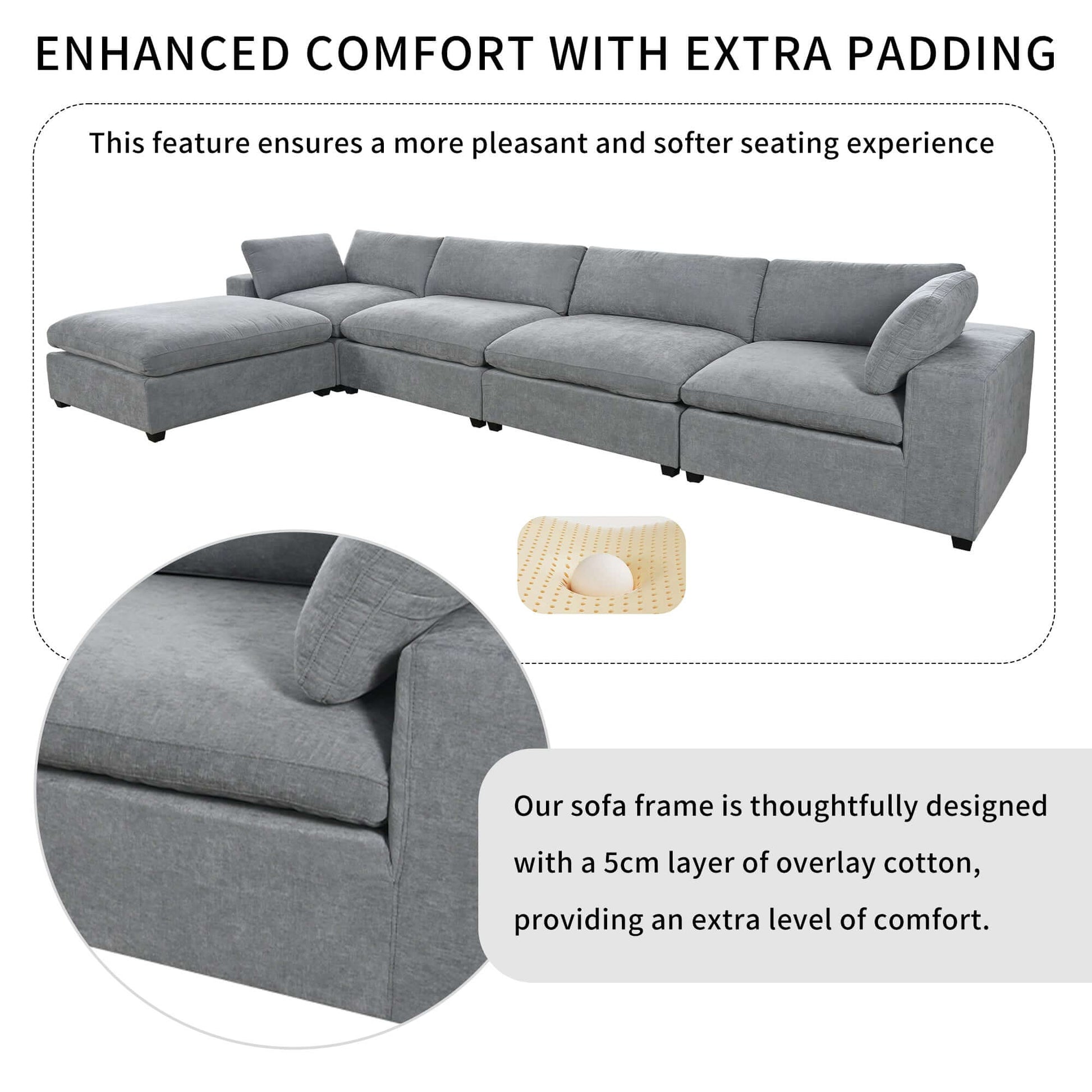 Cloud Couch Sectional, Large Modular Sofa with Ottoman, Gray