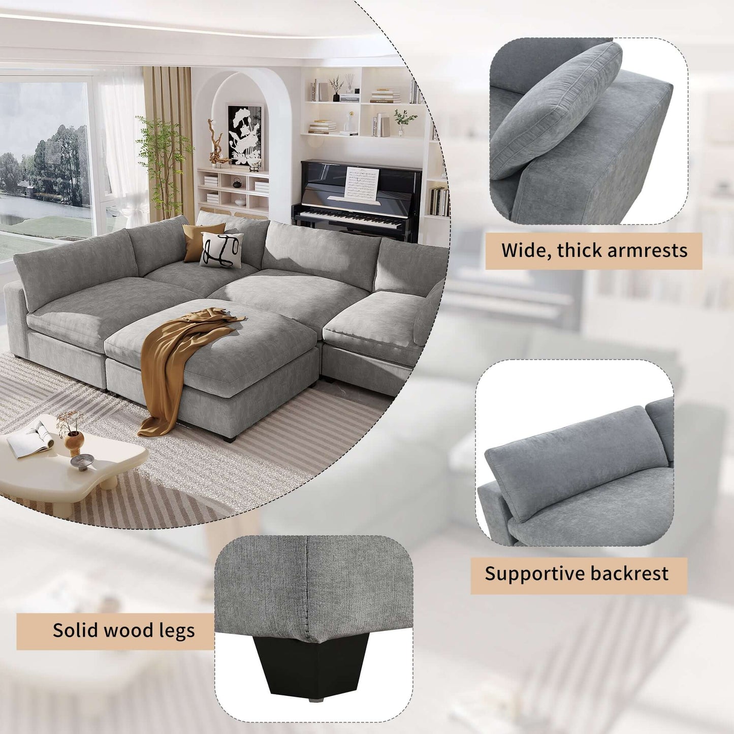Cloud Couch Sectional, Large Modular Sofa with Ottoman, Gray