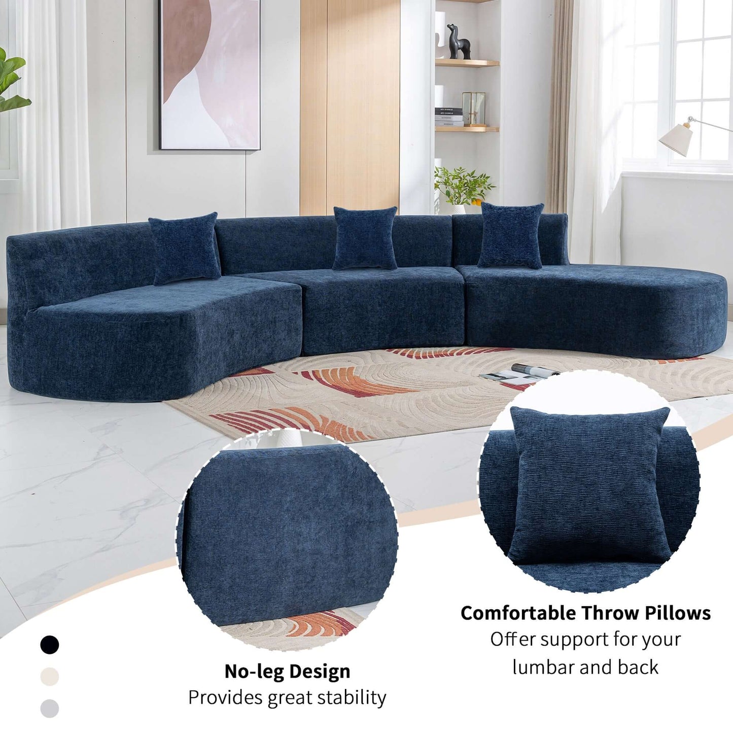 Curved Sofa, Modern Large Sectional Couch - Blue
