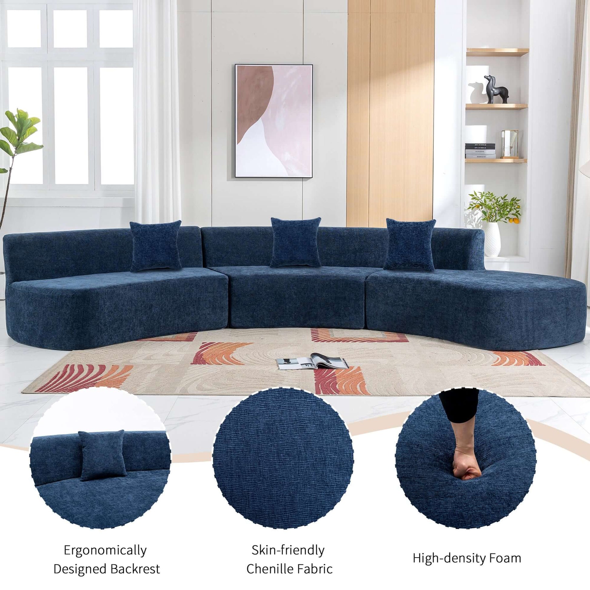 Curved Sofa, Modern Large Sectional Couch - Blue