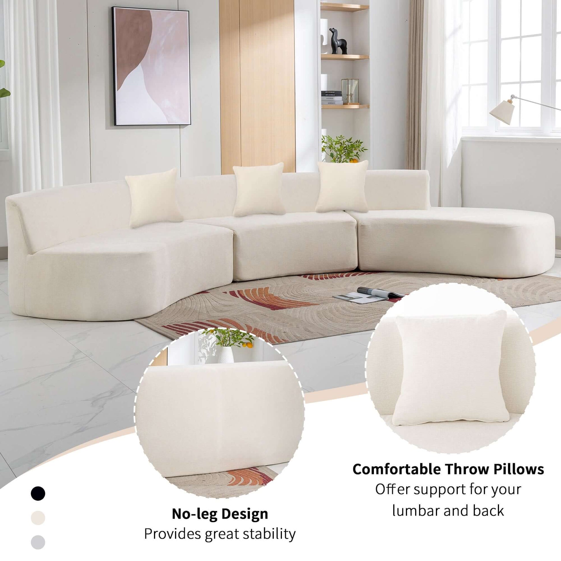 Curved Sofa, Modern Large Sectional Couch - Beige