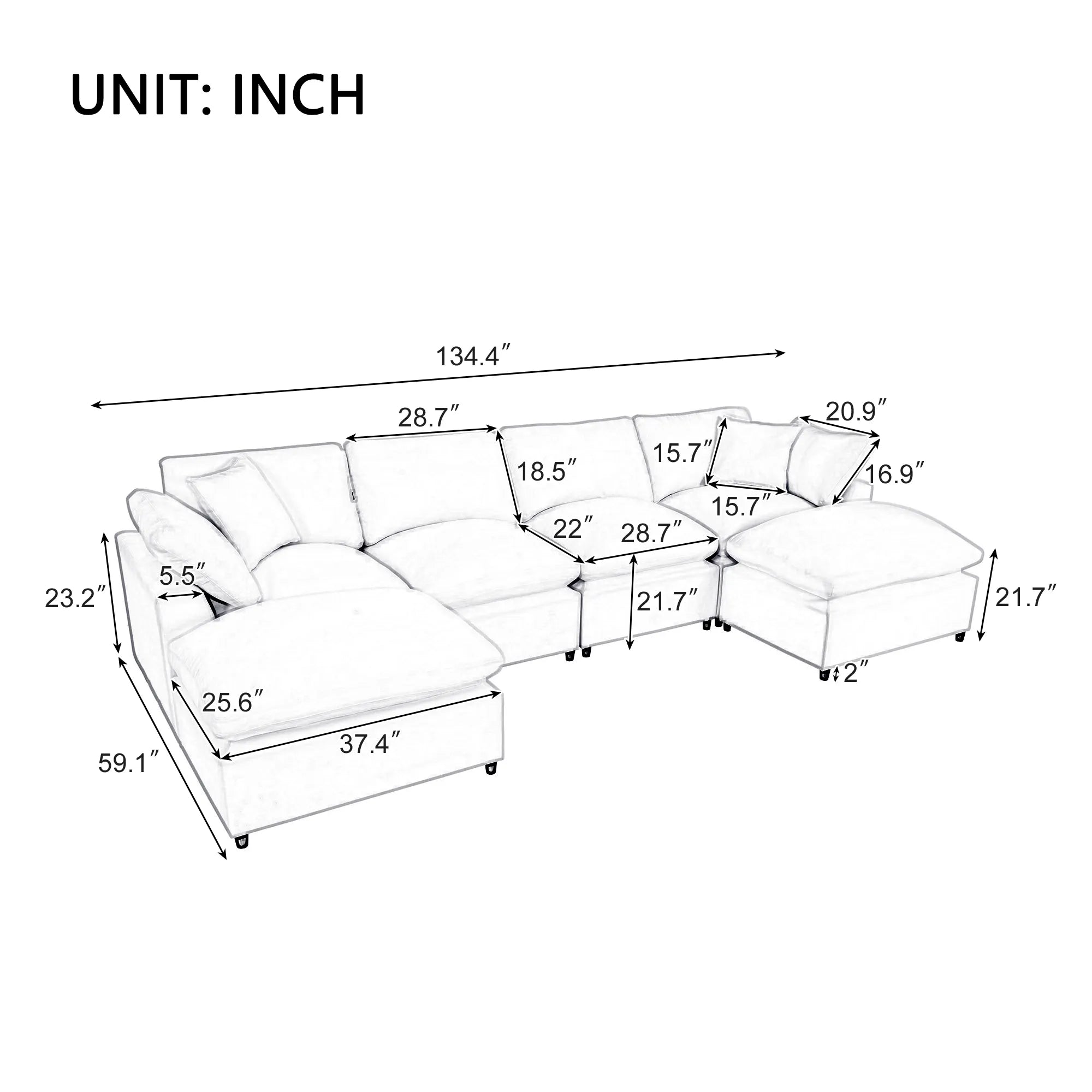 U Shaped Sectional, Large Modular Couch with Ottomans, Grey