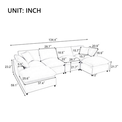 U Shaped Sectional, Large Modular Couch with Ottomans, Grey