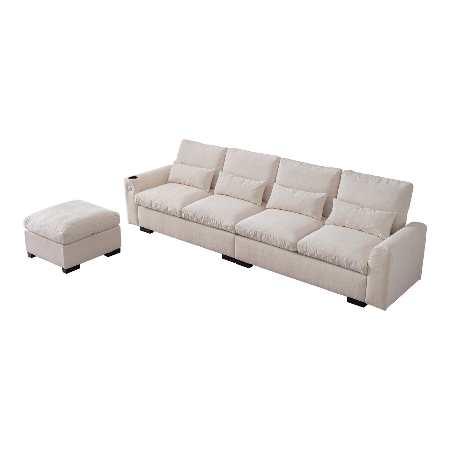 Louie Sectional Couch with Chaise, Sofa L-Shape with Ottoman Storage - Beige