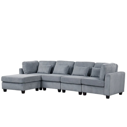 Louie Modular Sectional Sofa, Corduroy Couch with Ottoman - Grey