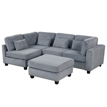 Louie Modular Sectional Sofa, Corduroy Couch with Ottoman - Grey
