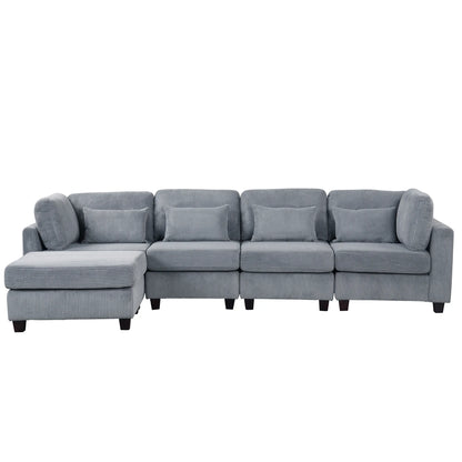 Louie Modular Sectional Sofa, Corduroy Couch with Ottoman - Grey