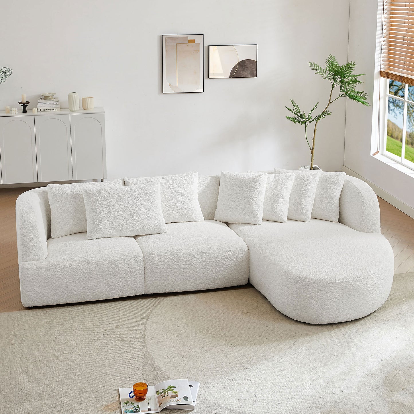 Deep Seat Couch with Chaise Lounge, Curved Corner Sectional, Beige
