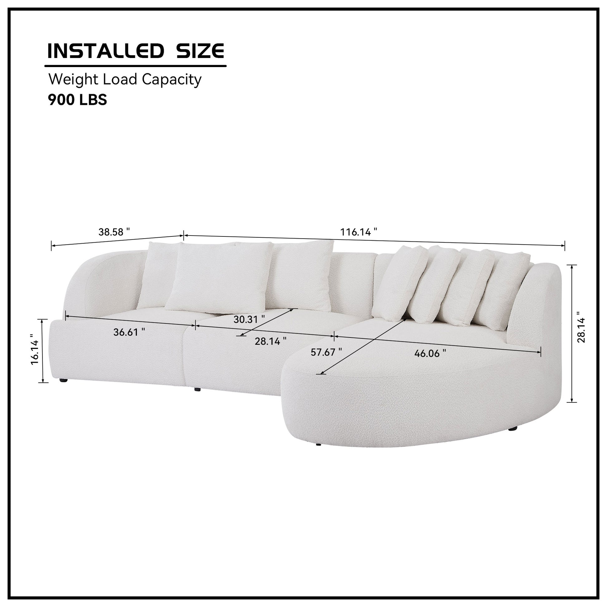 Deep Seat Couch with Chaise Lounge, Curved Corner Sectional, Beige