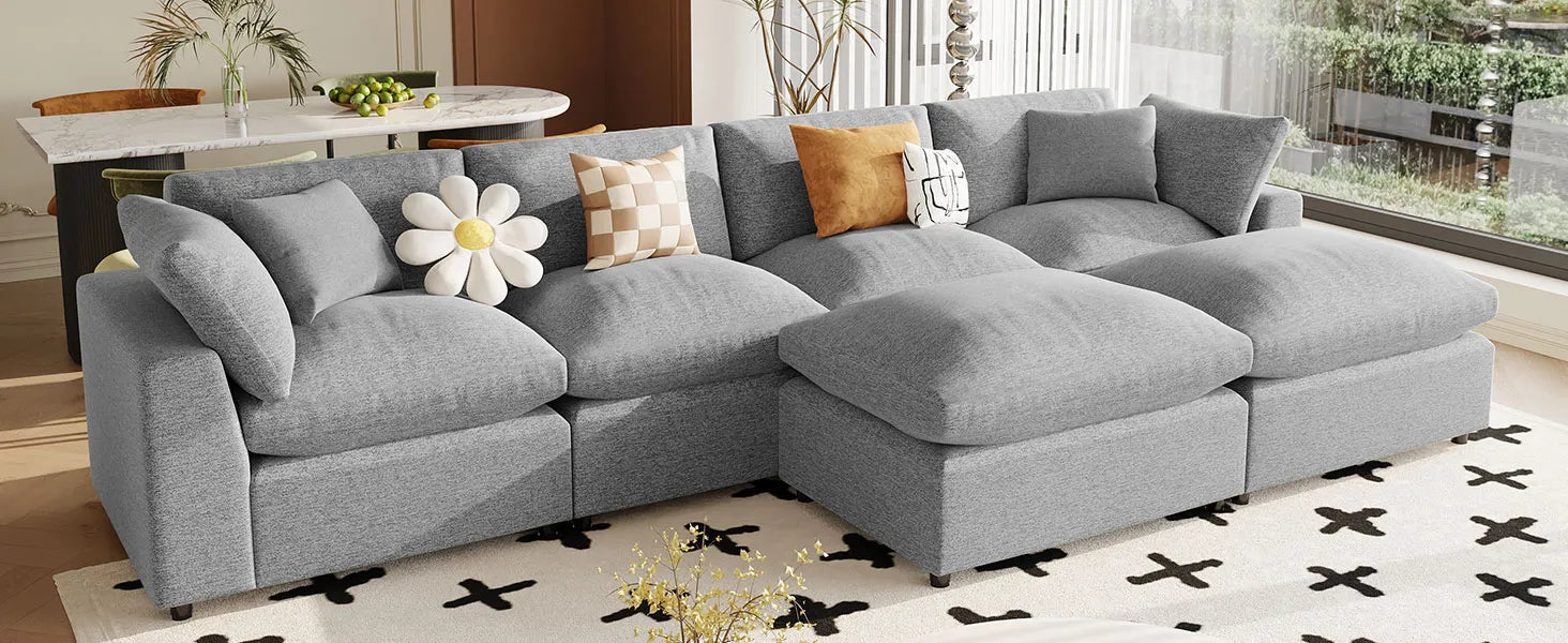 U Shaped Sectional, Large Modular Couch with Ottomans, Grey