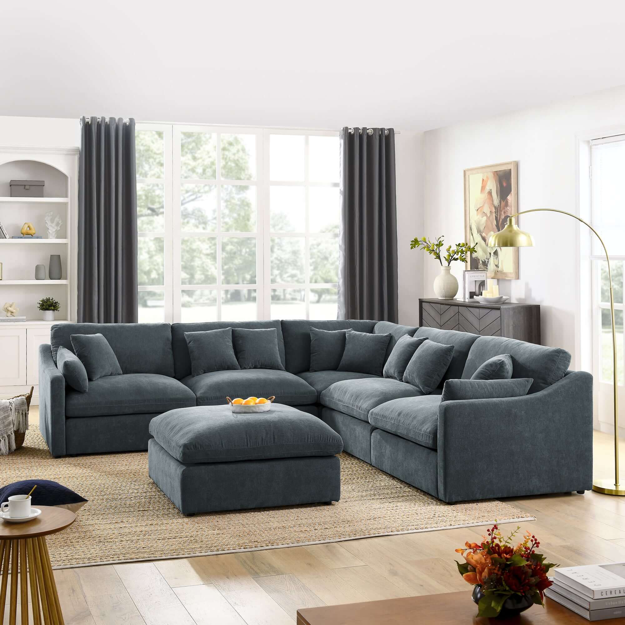 Sofa L Shape, Corner Sectional Couch with Ottoman, Gray