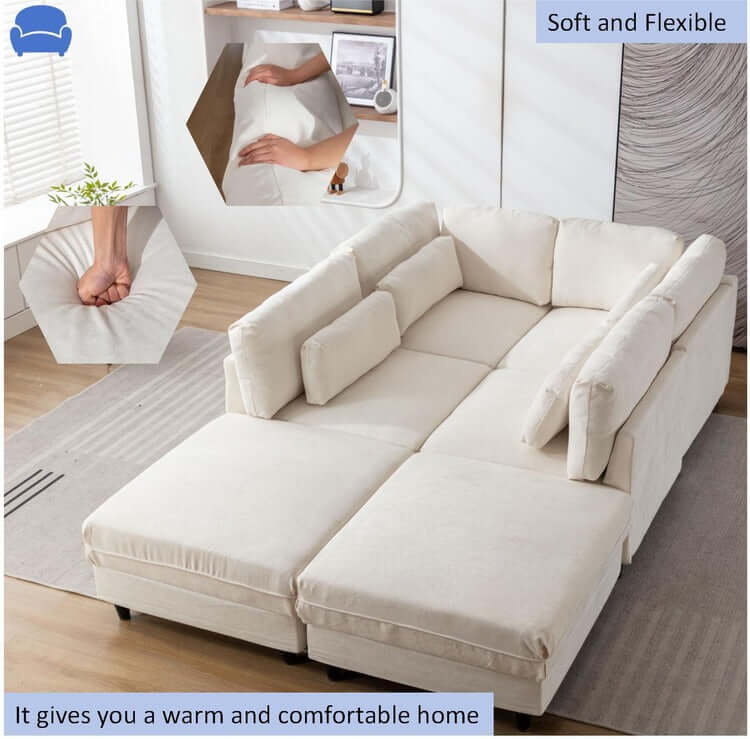 U Shaped Sectional, Sofa with Chaise Lounge - White