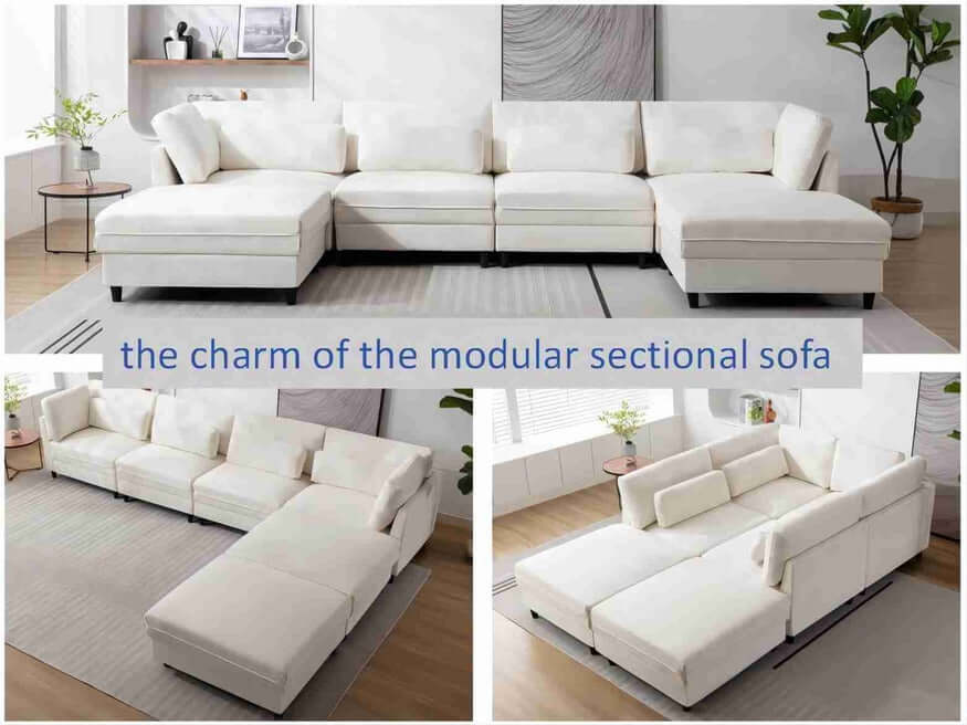 U Shaped Sectional, Sofa with Chaise Lounge - White