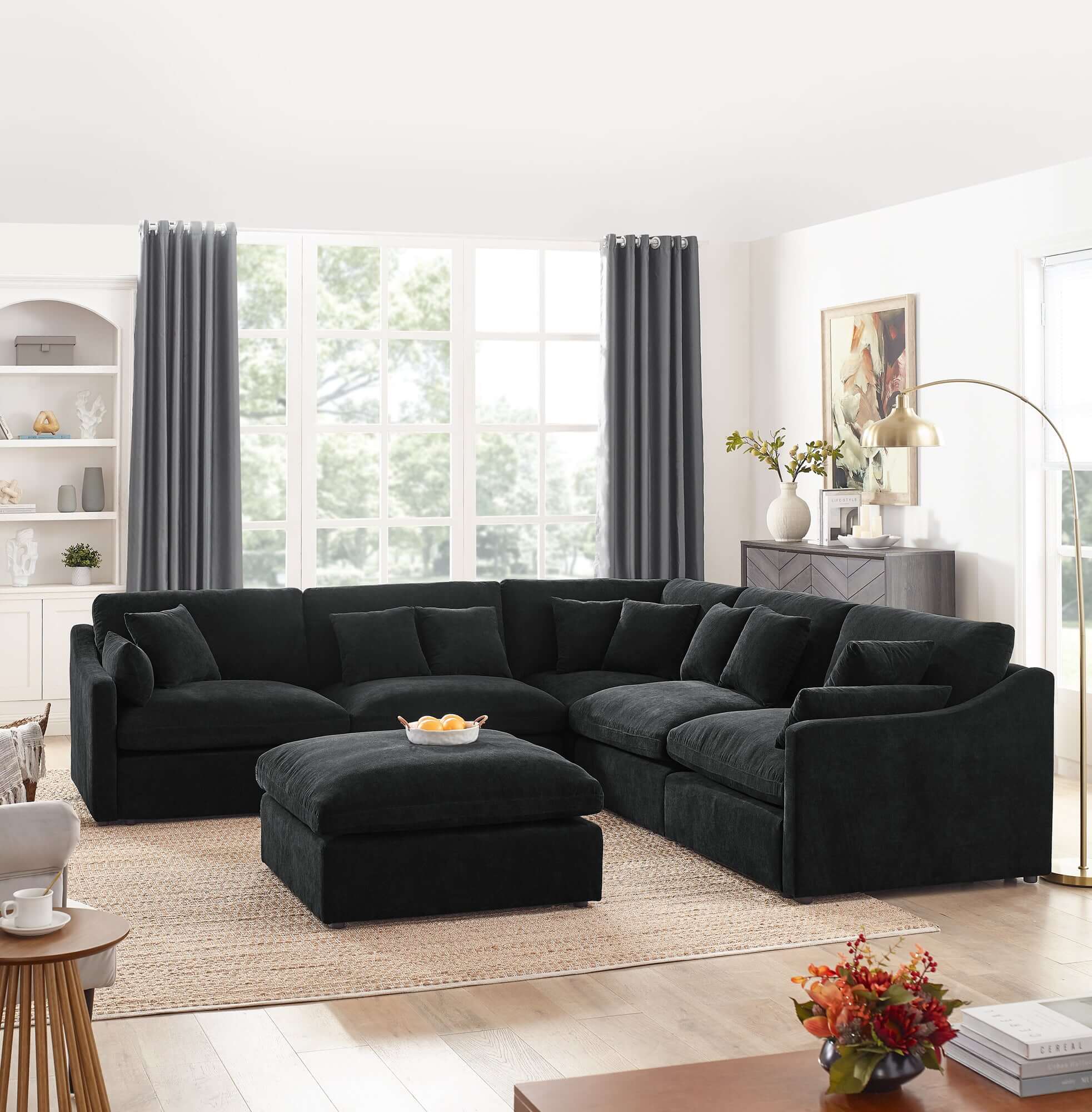 Sofa L Shape, Corner Sectional Couch with Ottoman, Black