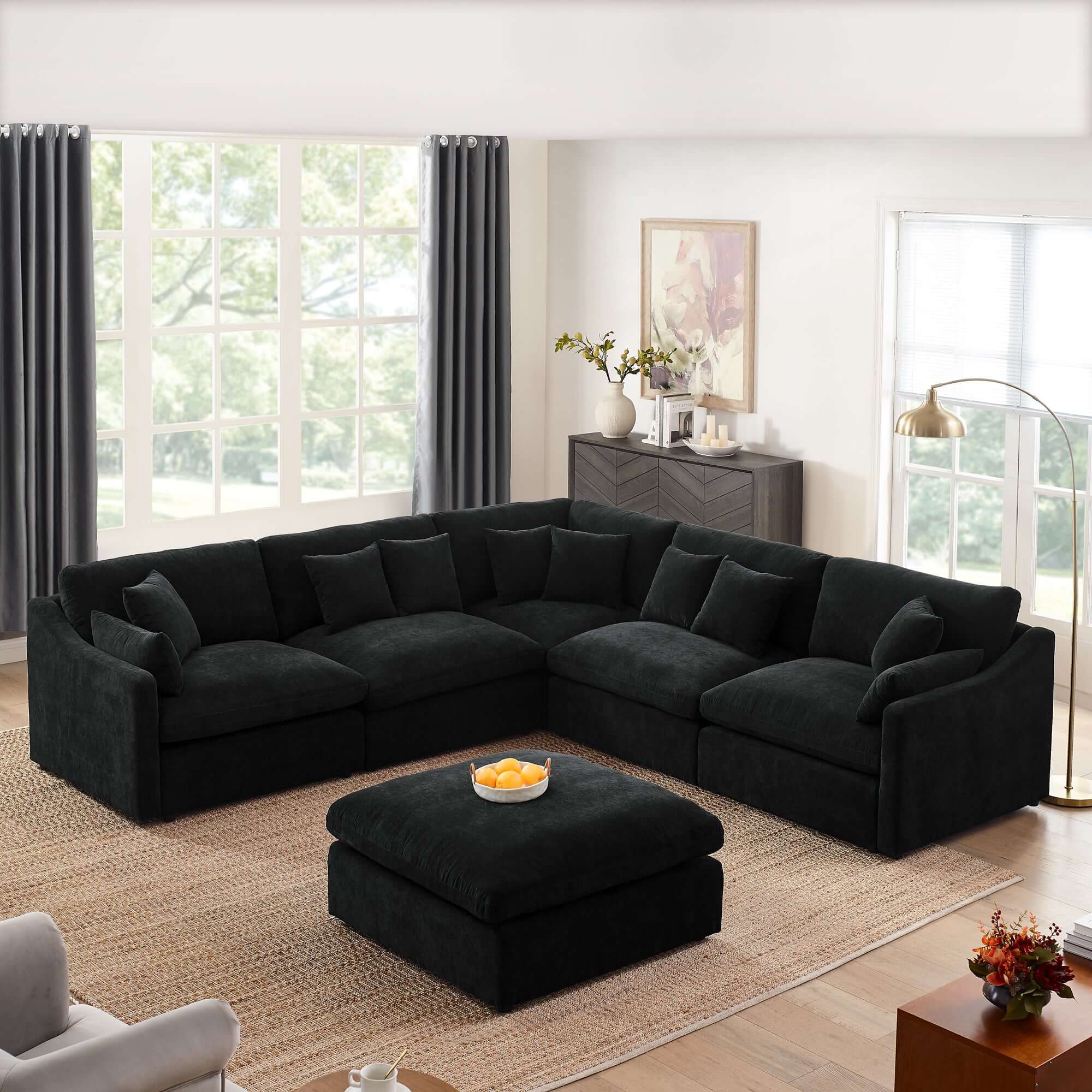 Sofa L Shape, Corner Sectional Couch with Ottoman, Black