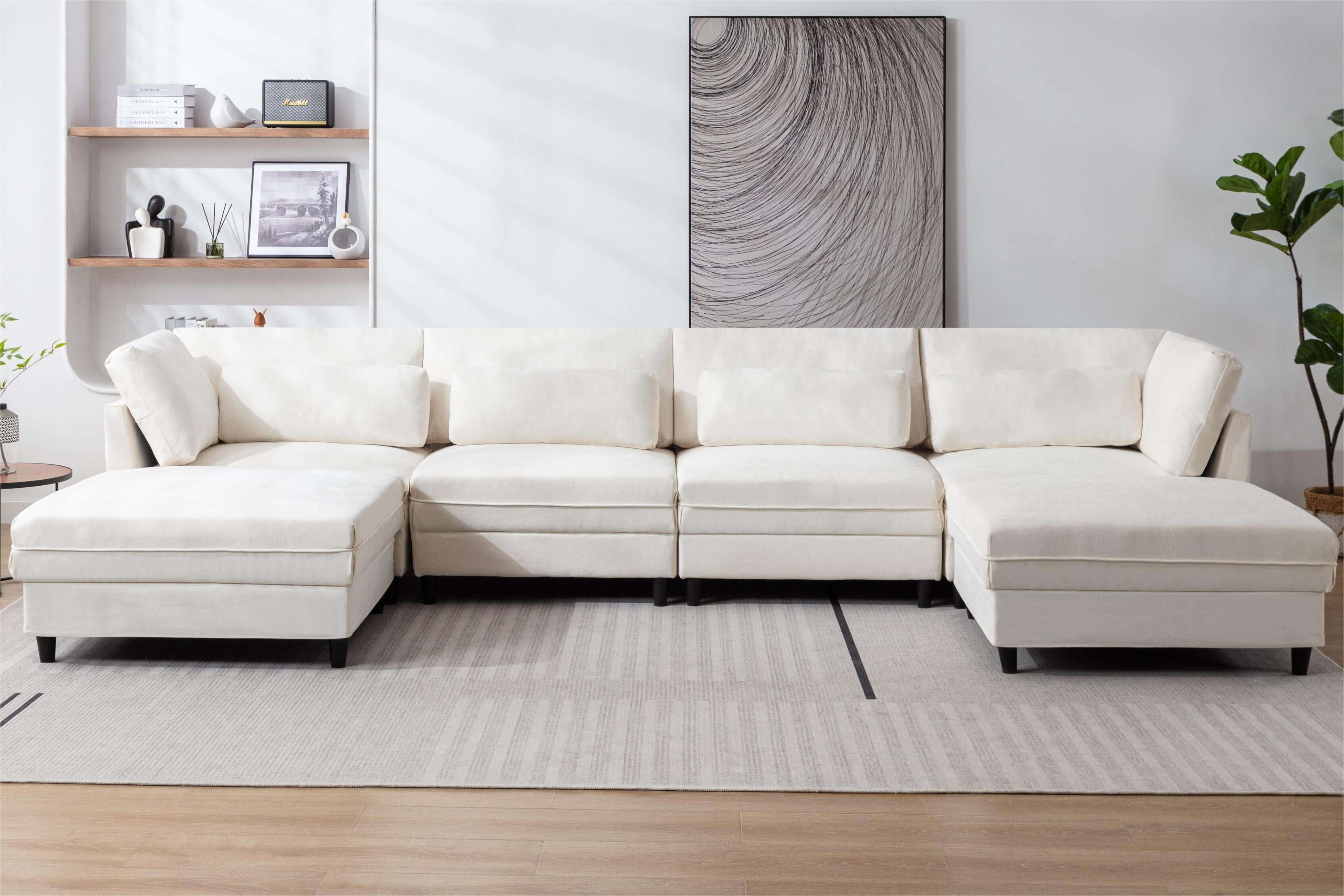 U Shaped Sectional, Sofa with Chaise Lounge - White