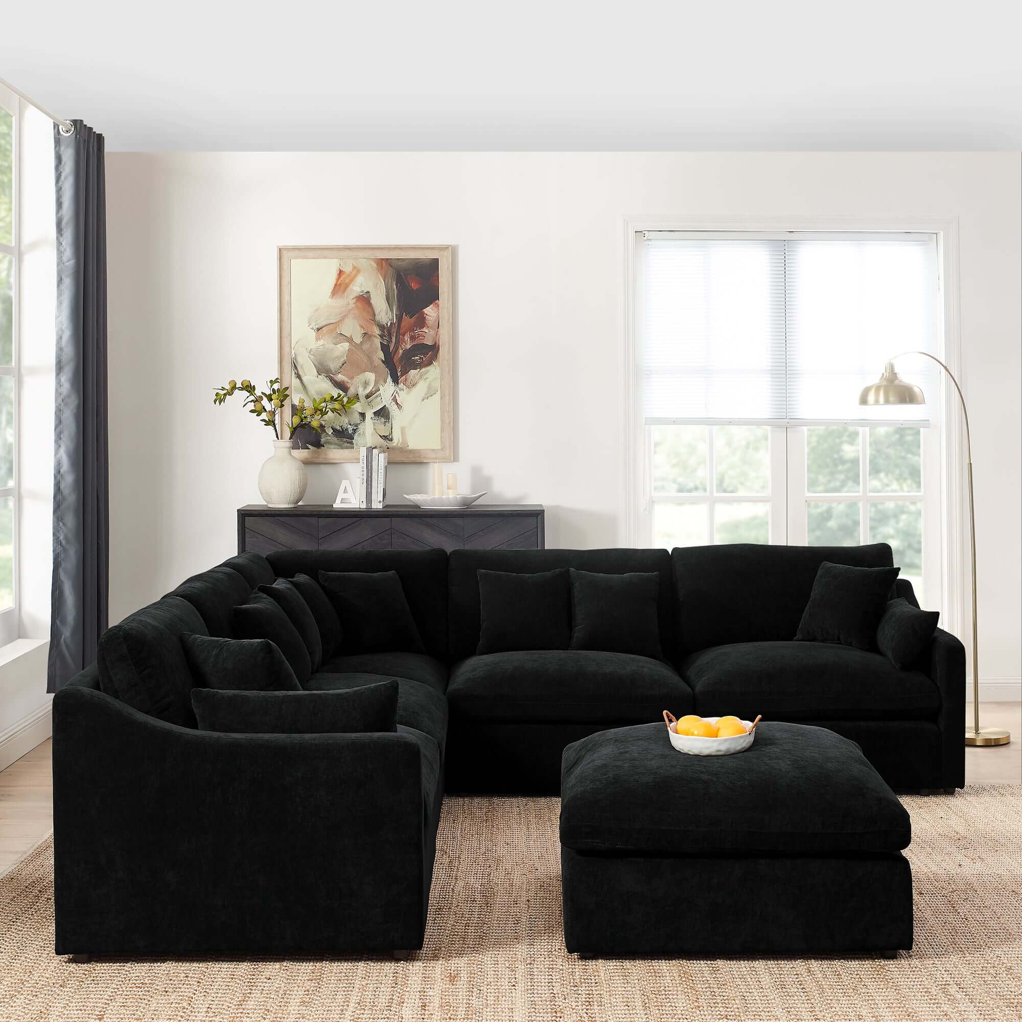 Sofa L Shape, Corner Sectional Couch with Ottoman, Black