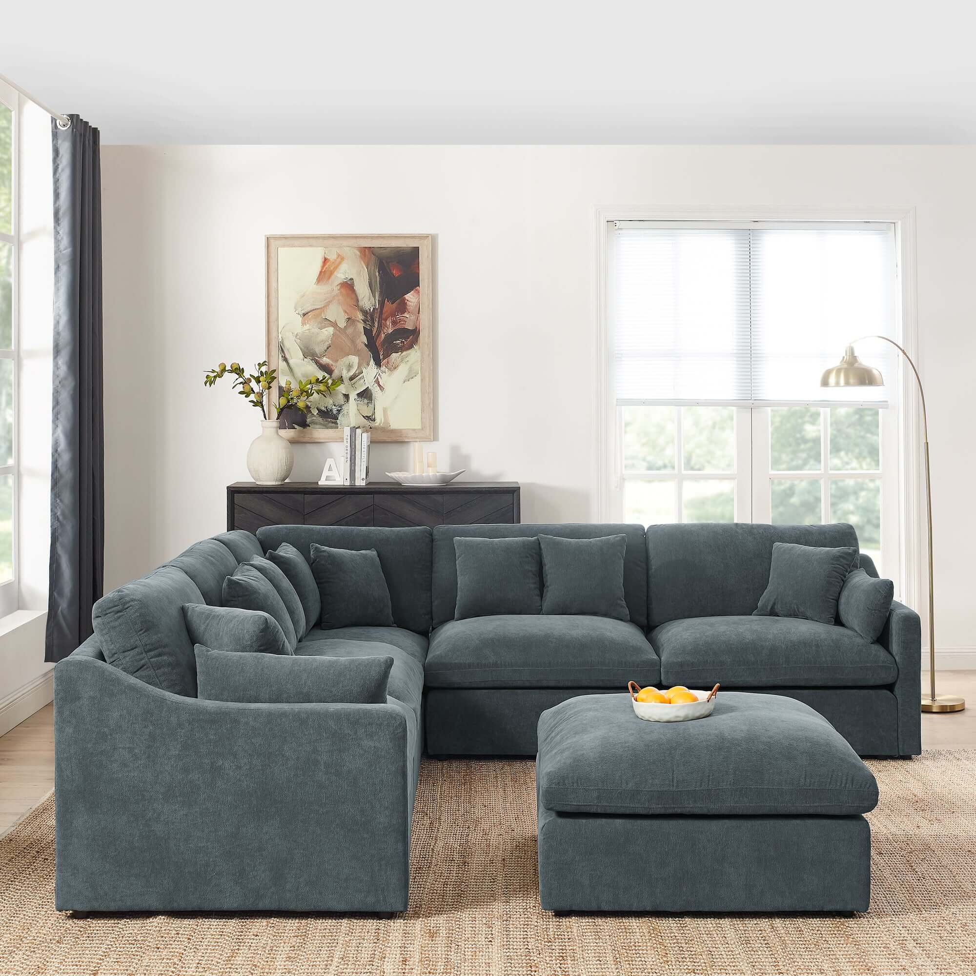 Sofa L Shape, Corner Sectional Couch with Ottoman, Gray