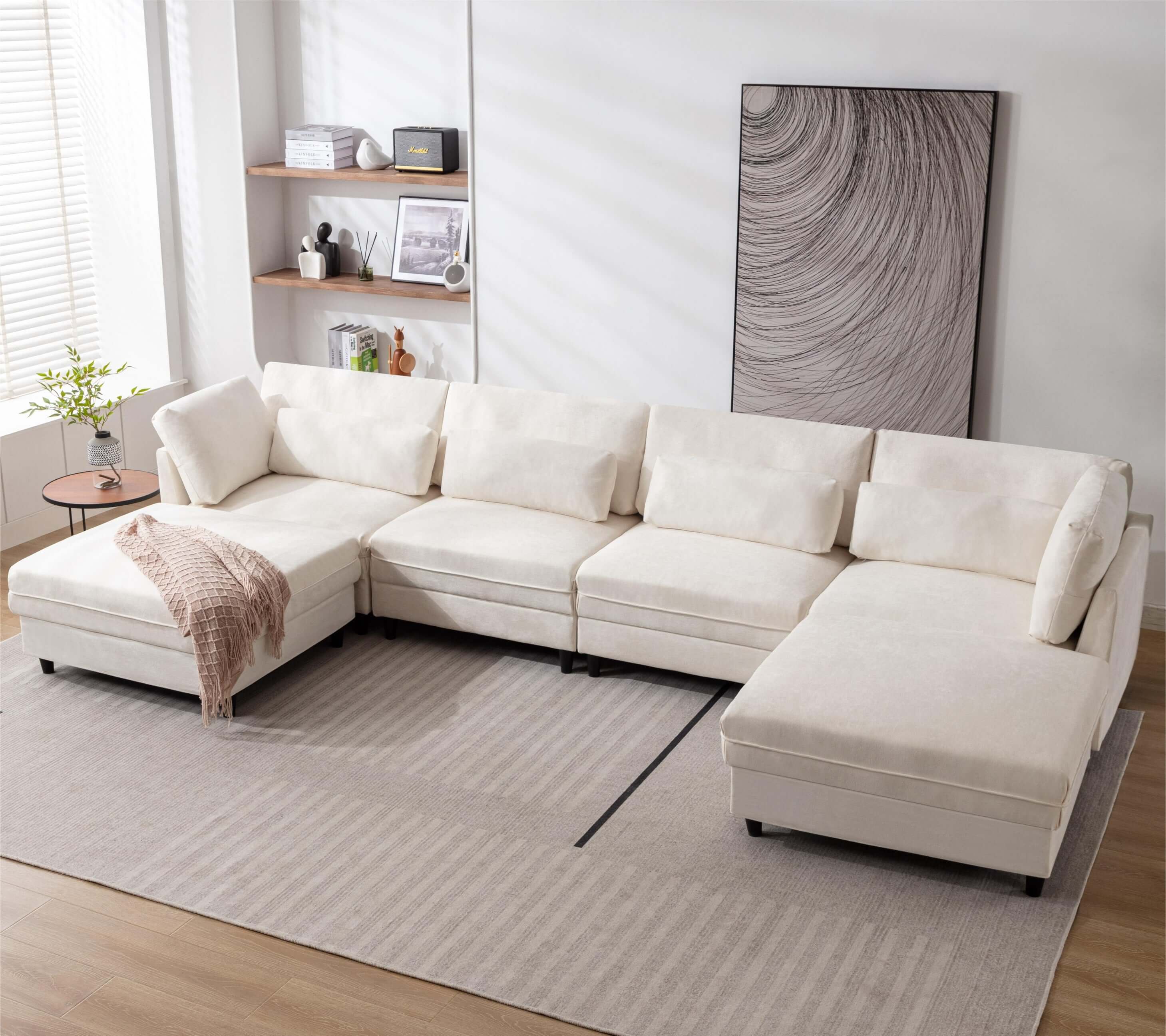 U Shaped Sectional, Sofa with Chaise Lounge - White