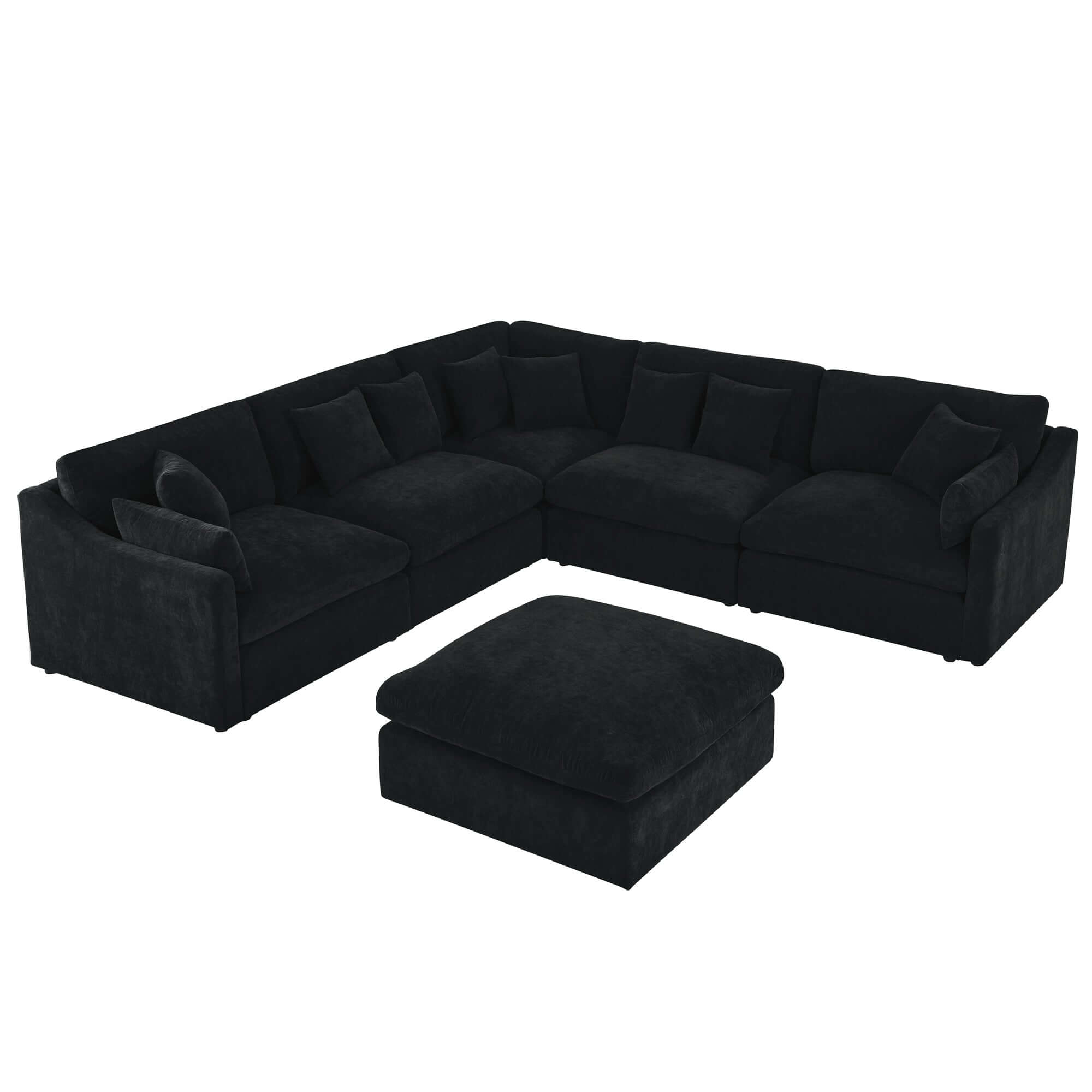 Sofa L Shape, Corner Sectional Couch with Ottoman, Black