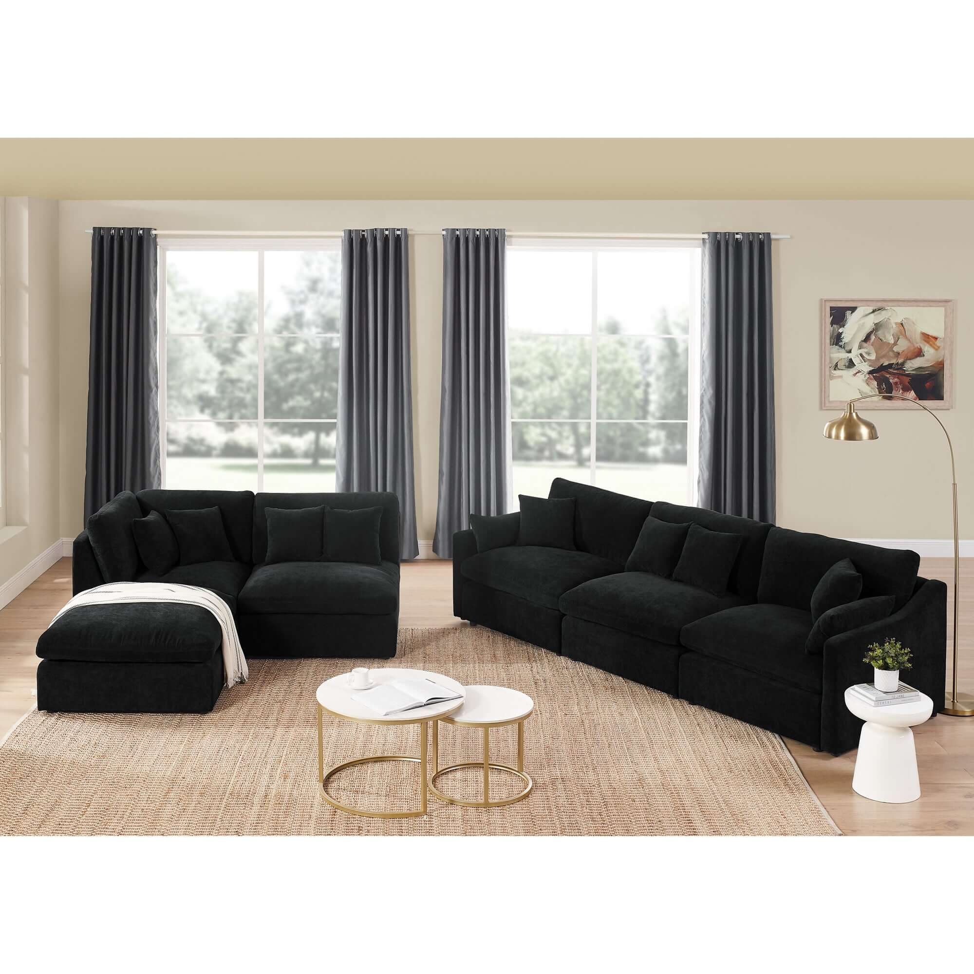 Sofa L Shape, Corner Sectional Couch with Ottoman, Black