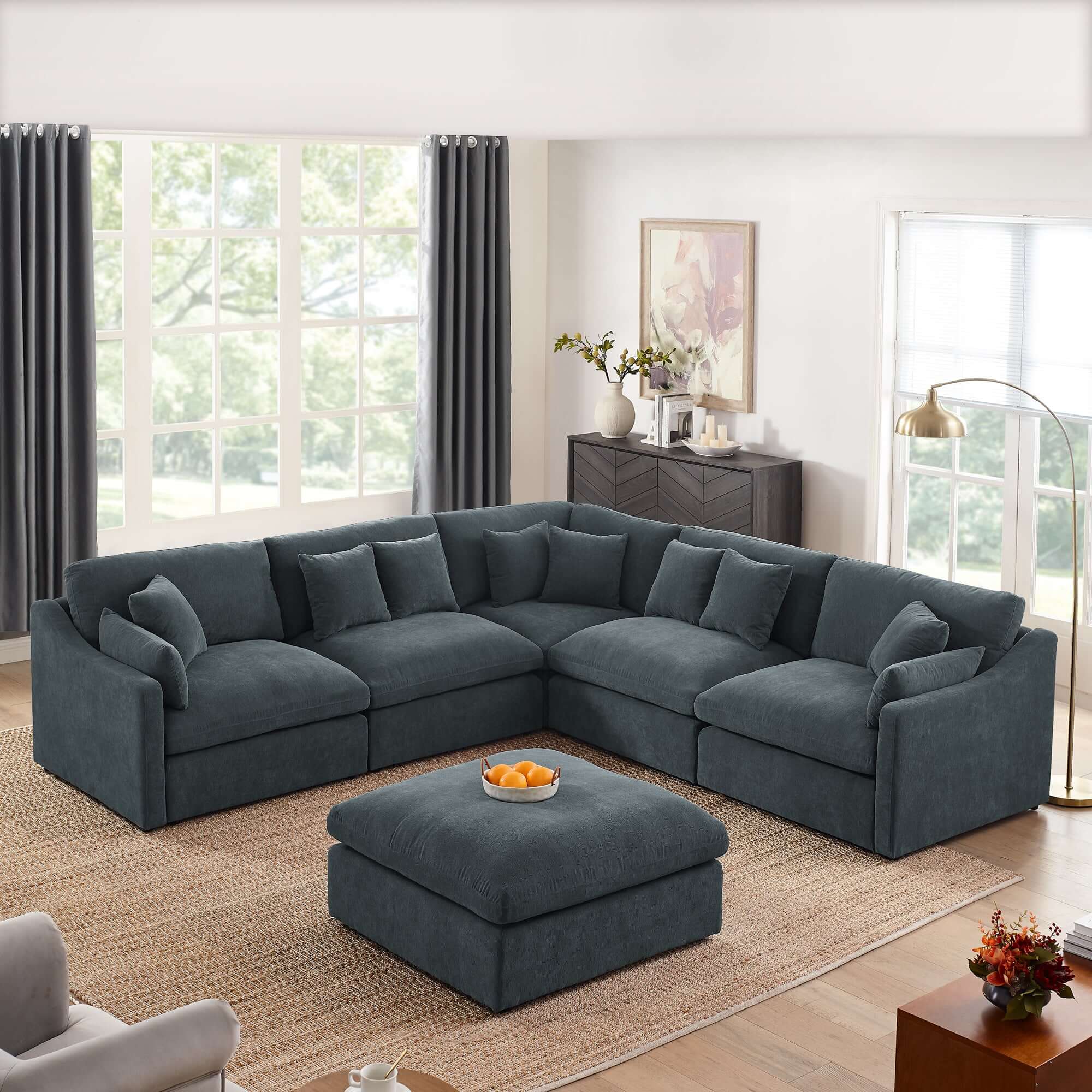 Sofa L Shape, Corner Sectional Couch with Ottoman, Gray