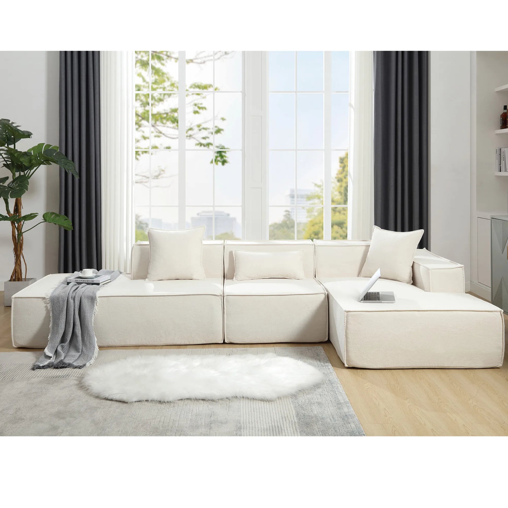 Modular Lounge Sofa, L Shaped Sectional with Chaise, Beige