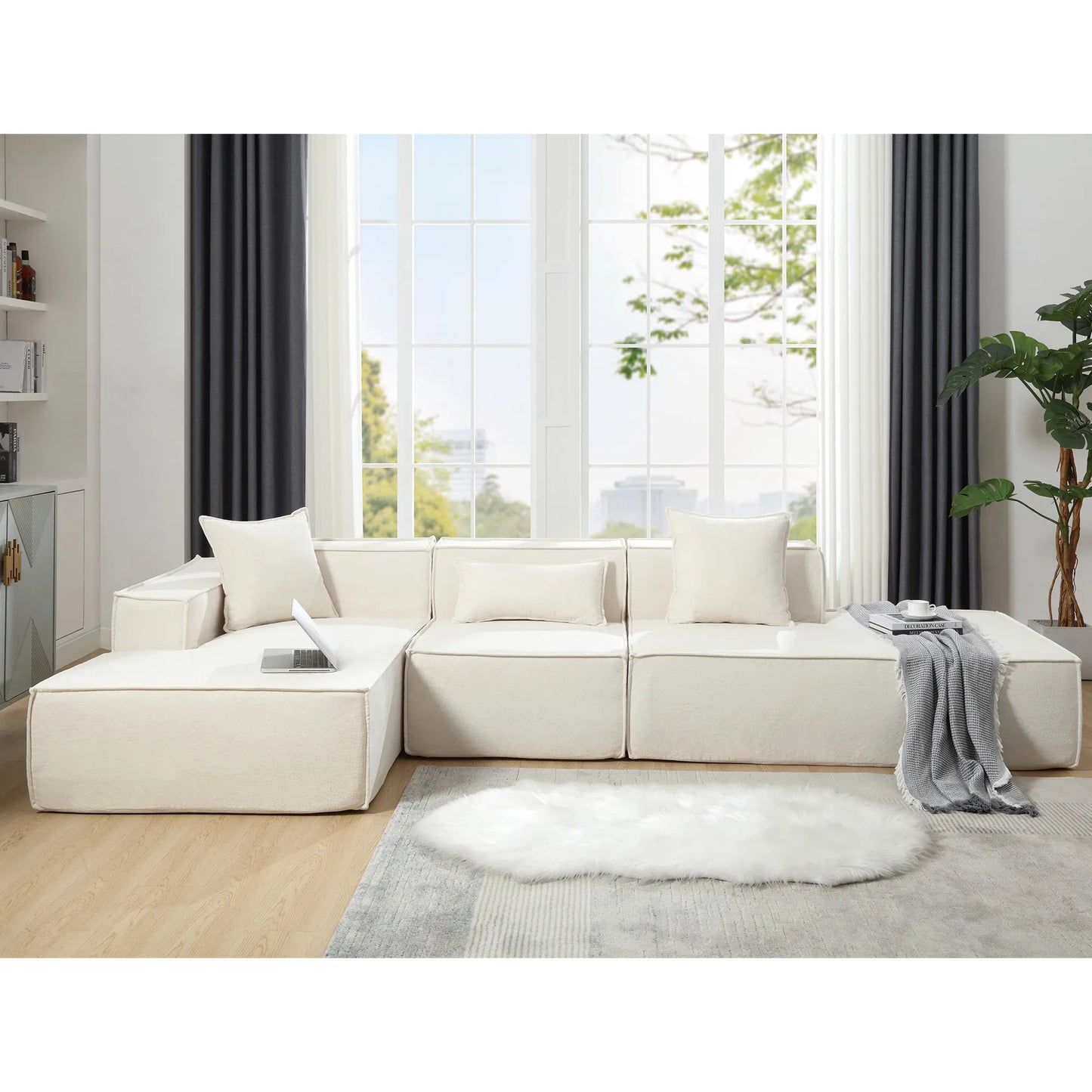 Modular Lounge Sofa, L Shaped Sectional with Chaise, Beige