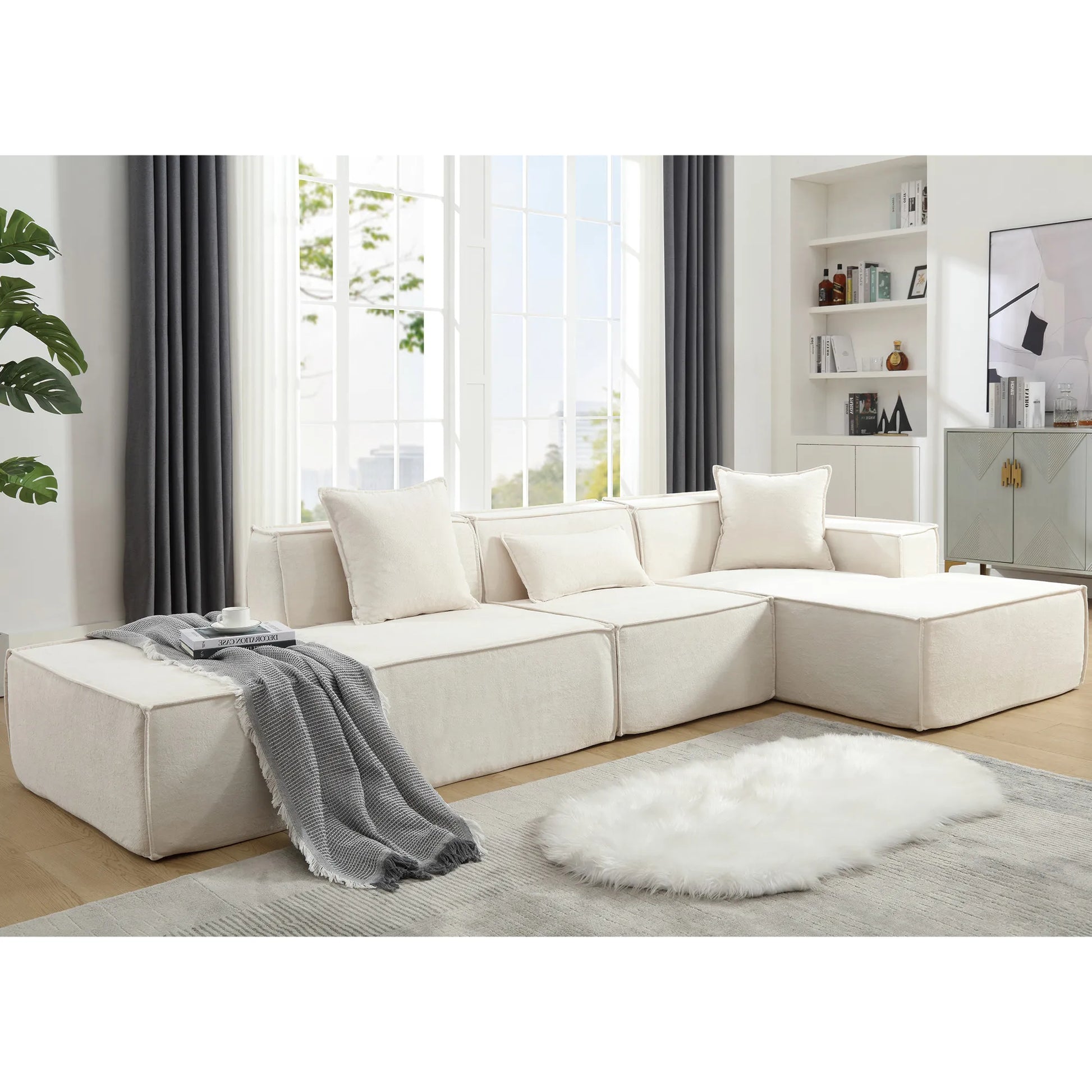 Modular Lounge Sofa, L Shaped Sectional with Chaise, Beige