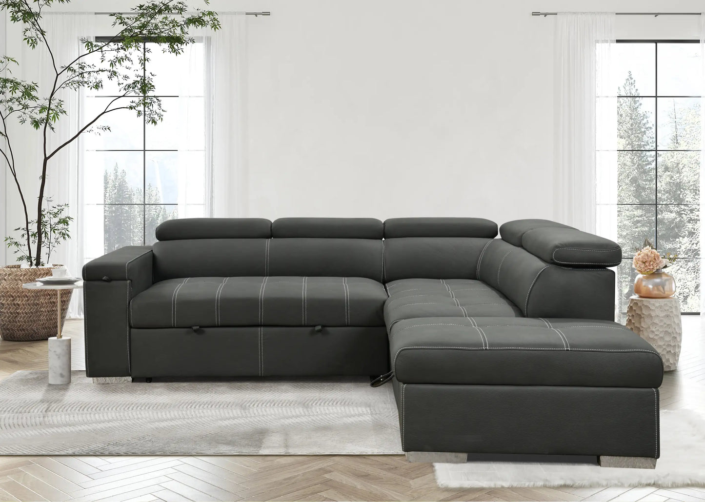 Louie L-Shaped Sofa Bed, Convertible Couch Pullout with Storage Chaise and Adjustable Headrest - Gray