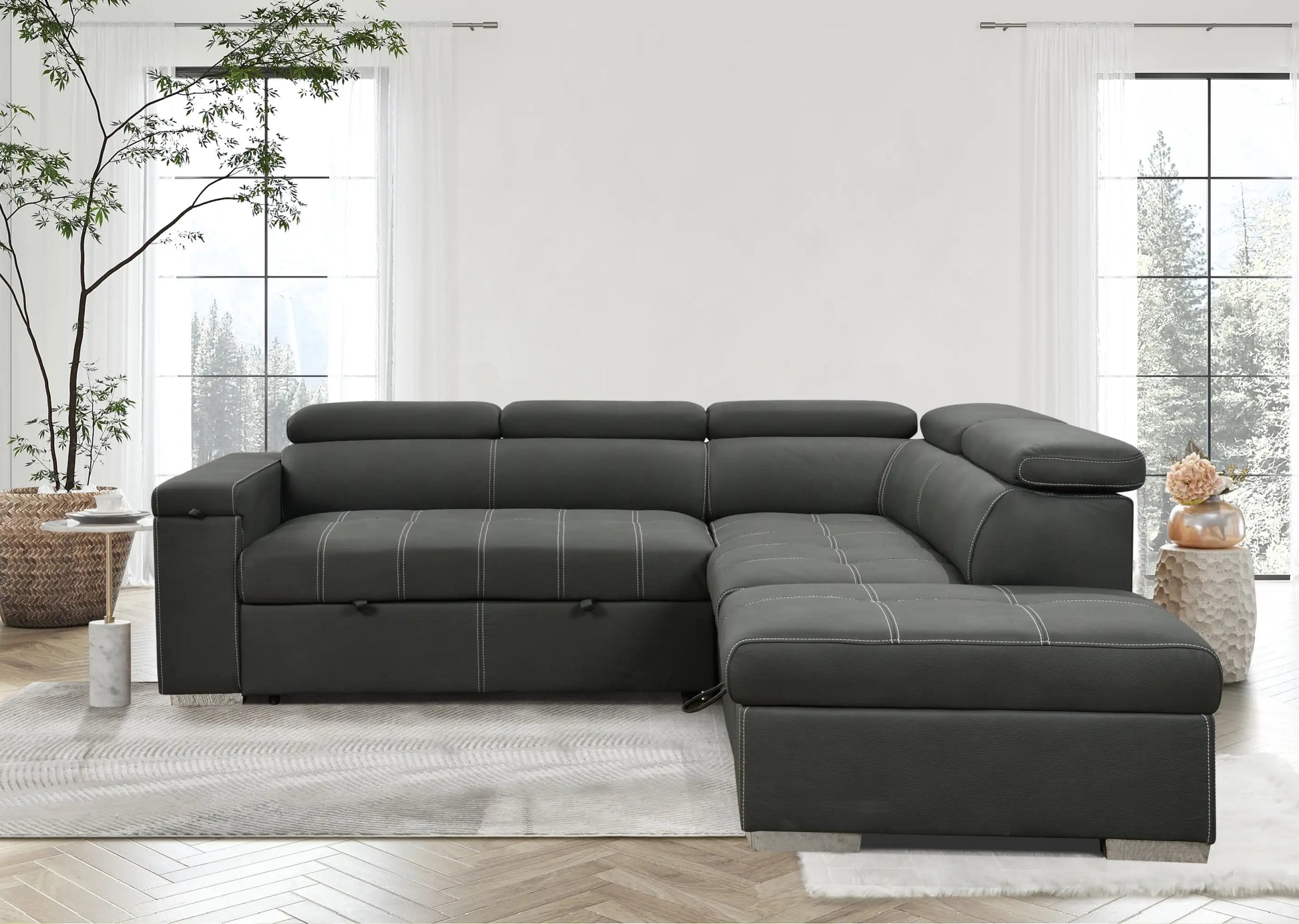Louie L-Shaped Sofa Bed, Convertible Couch Pullout with Storage Chaise and Adjustable Headrest - Gray