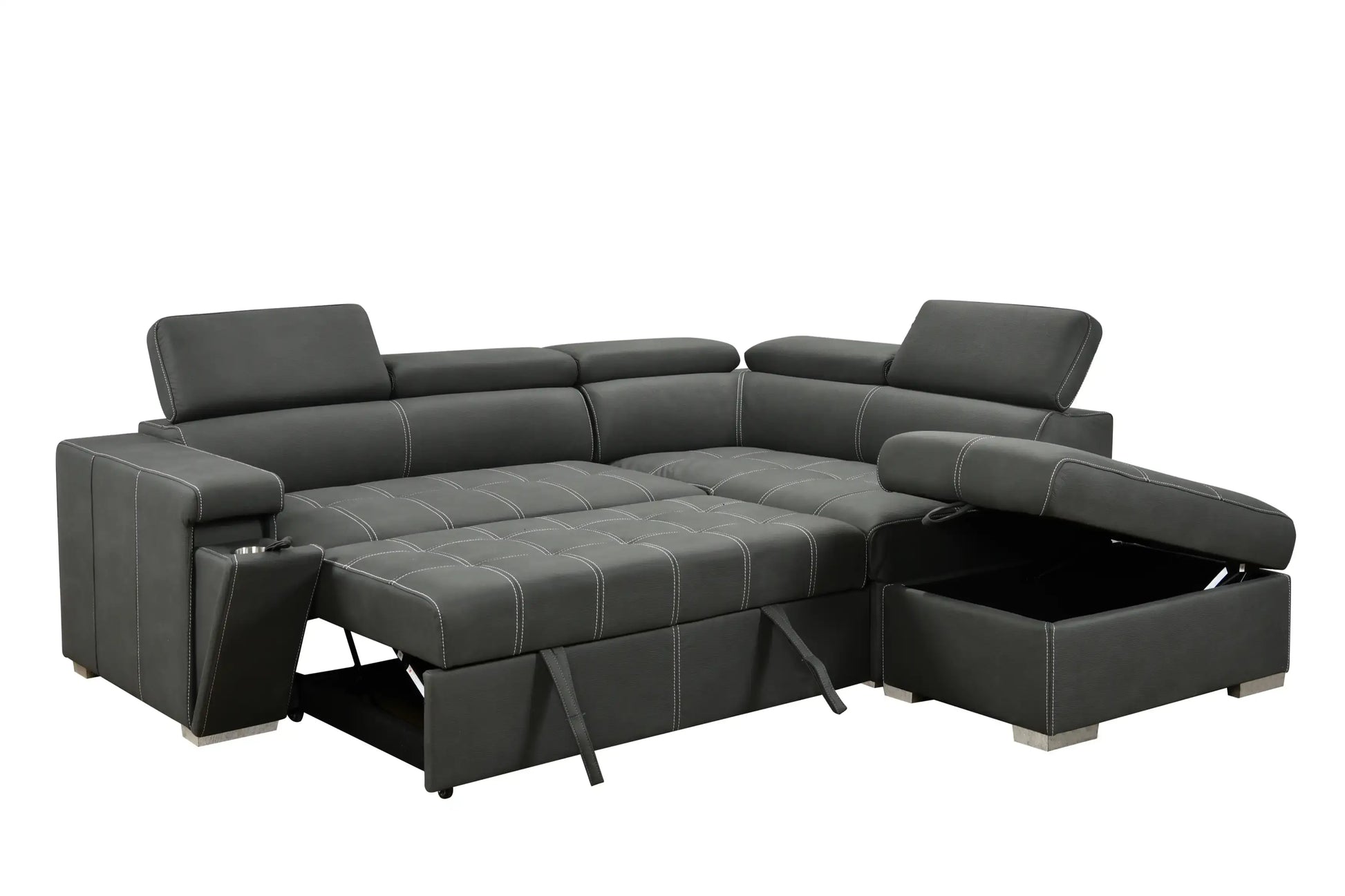 Louie L-Shaped Sofa Bed, Convertible Couch Pullout with Storage Chaise and Adjustable Headrest - Gray