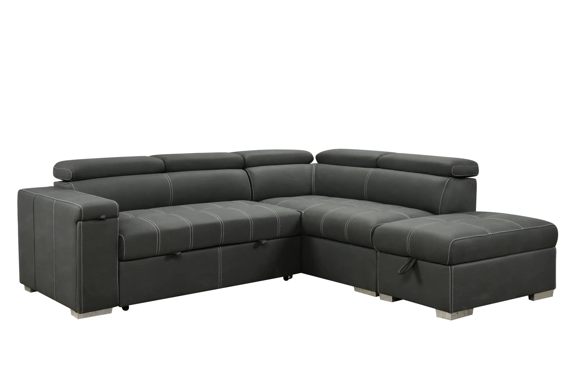 Louie L-Shaped Sofa Bed, Convertible Couch Pullout with Storage Chaise and Adjustable Headrest - Gray