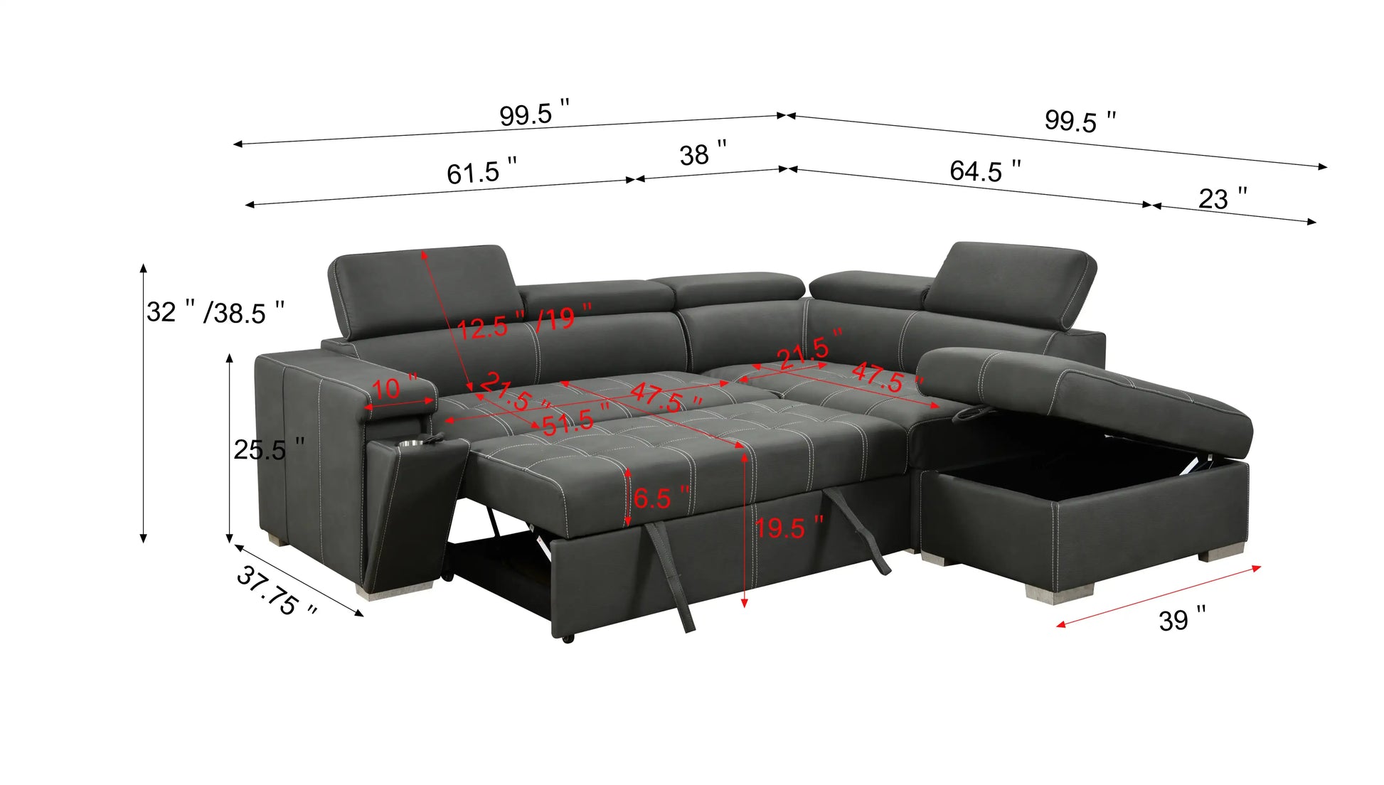 Louie L-Shaped Sofa Bed, Convertible Couch Pullout with Storage Chaise and Adjustable Headrest - Gray