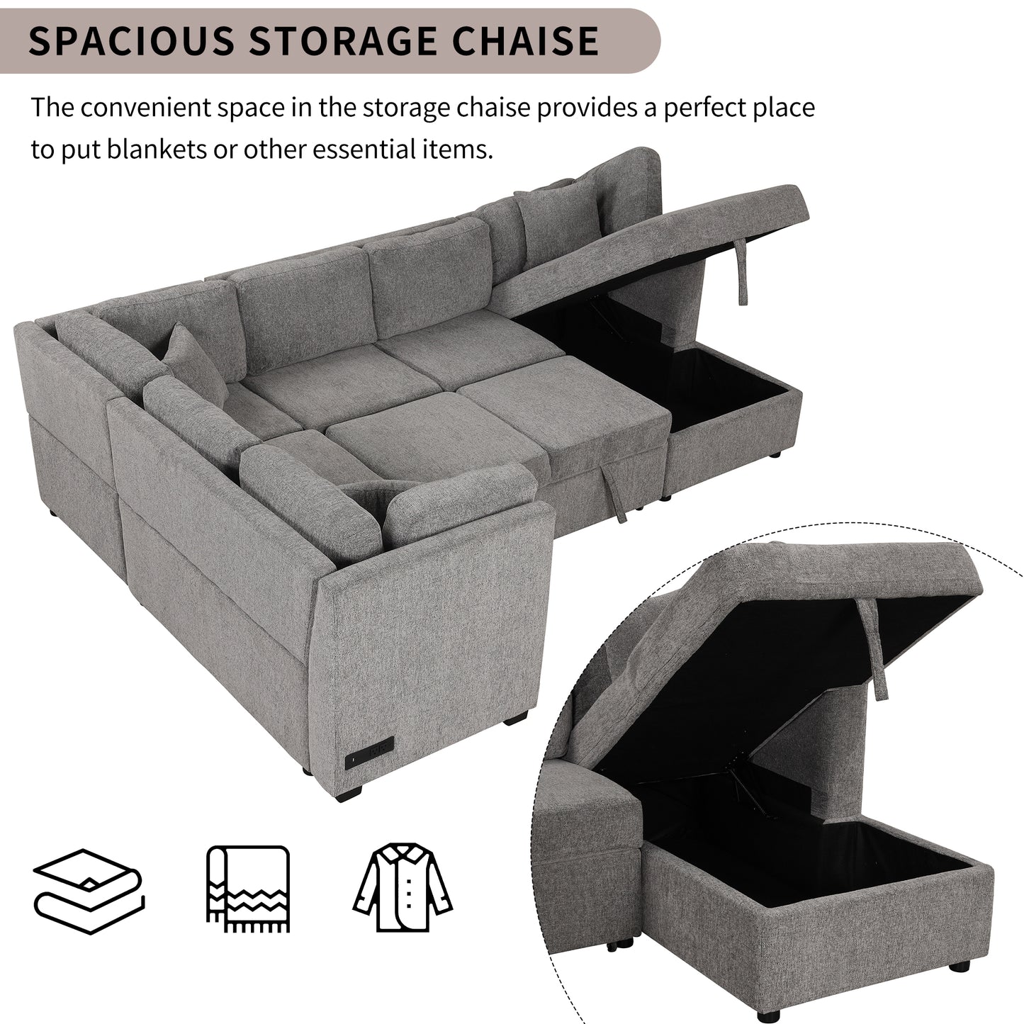 Louie Sectional Sleeper Sofa, Couch with Chaise and Storage - Gray
