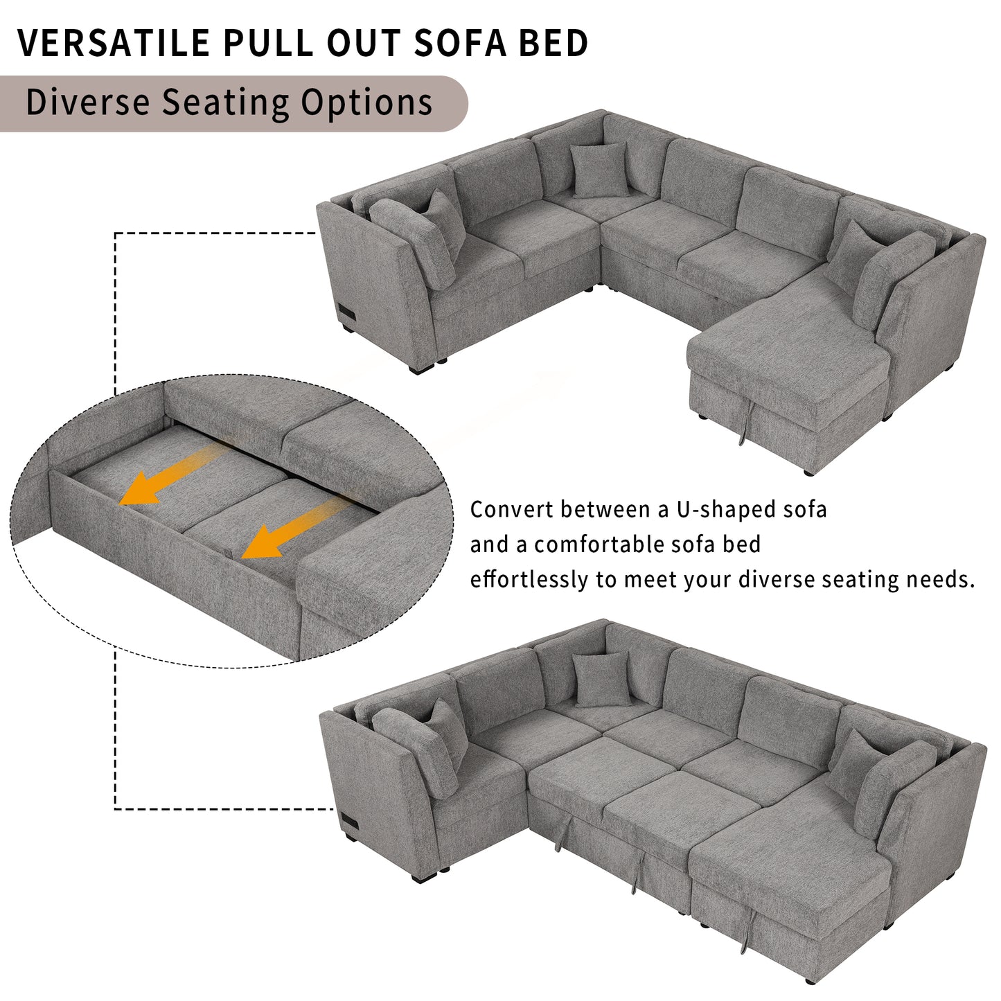Louie Sectional Sleeper Sofa, Couch with Chaise and Storage - Gray