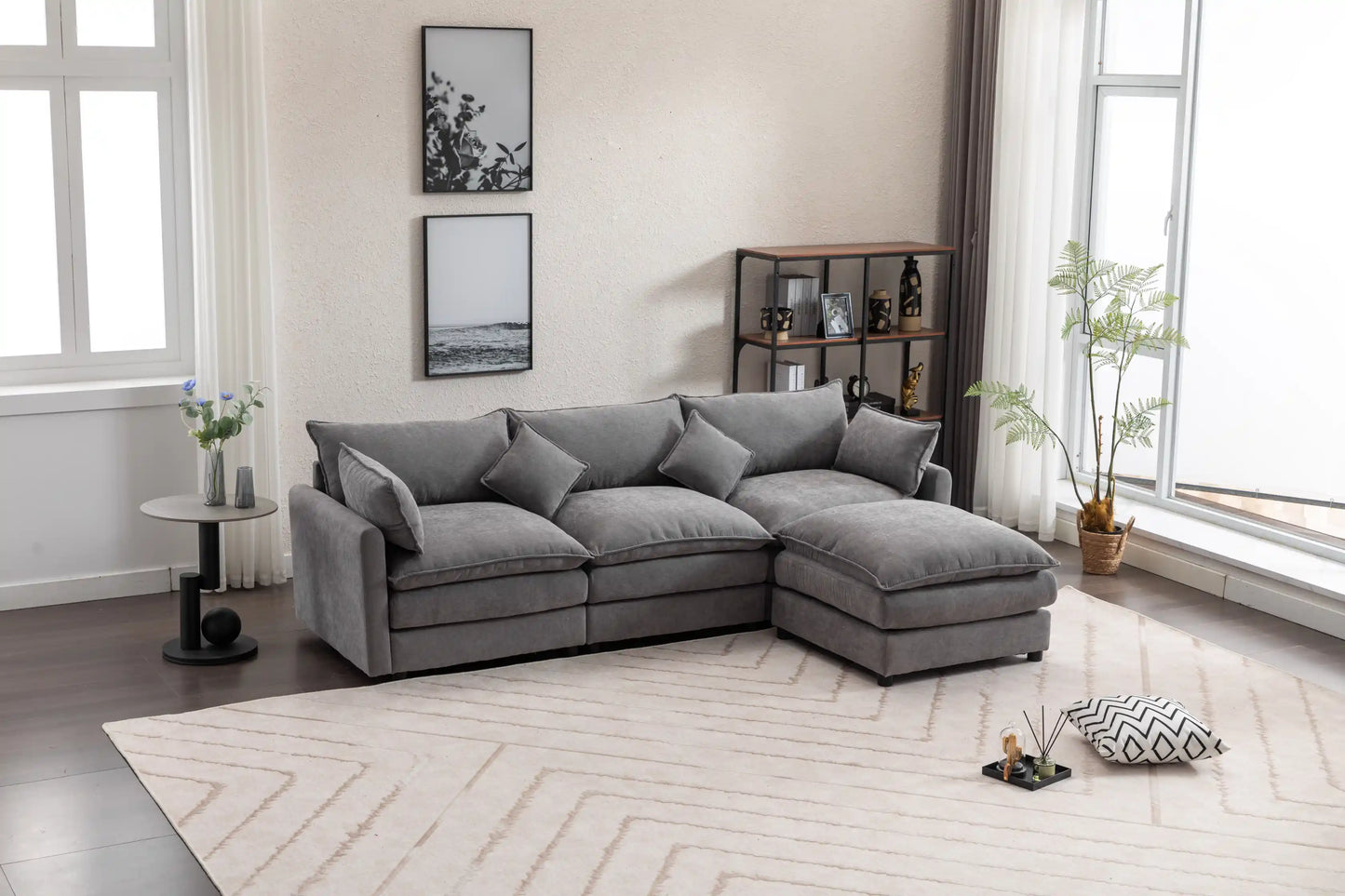 Louie Sofa L Shape, Modular Couch with Ottoman - Gray