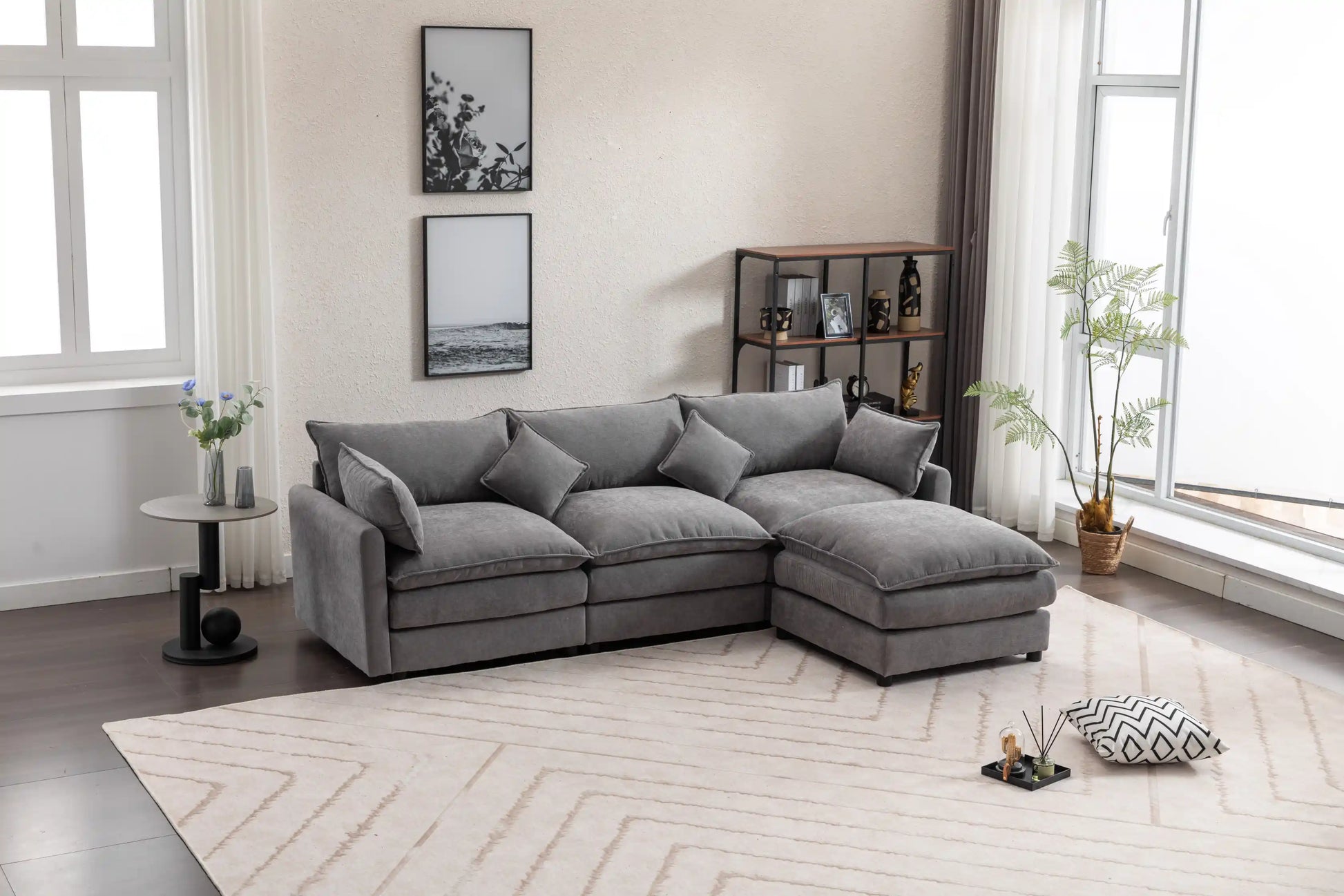 Louie Sofa L Shape, Modular Couch with Ottoman - Gray