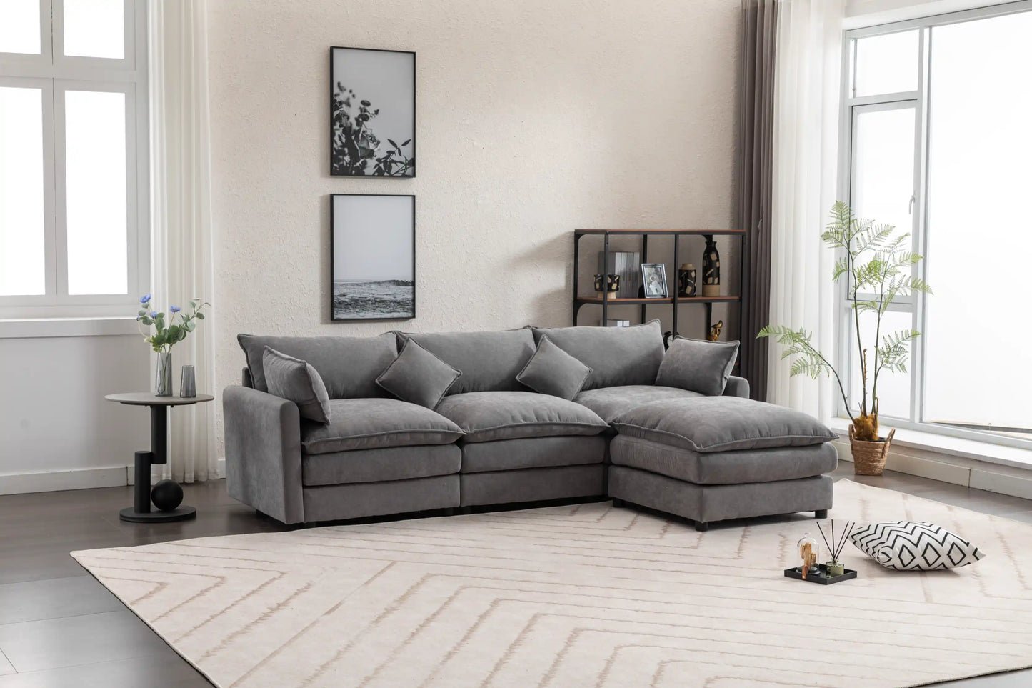 Louie Sofa L Shape, Modular Couch with Ottoman - Gray